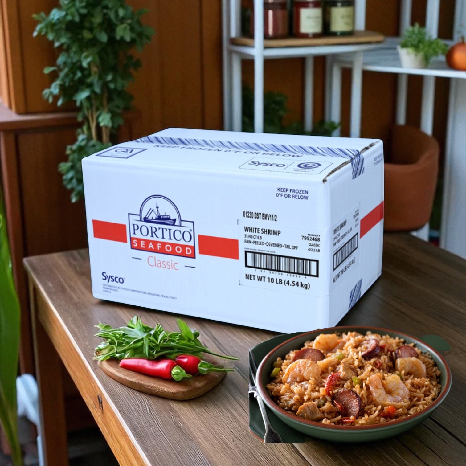 A box of Sysco Shrimp White Peeled and Deveined Tail-off (2.5 lb case, 4 bags) sits on a wooden table by seafood rice and herbs, showcasing premium IQF shrimp that are ready to use for convenient frozen meals.