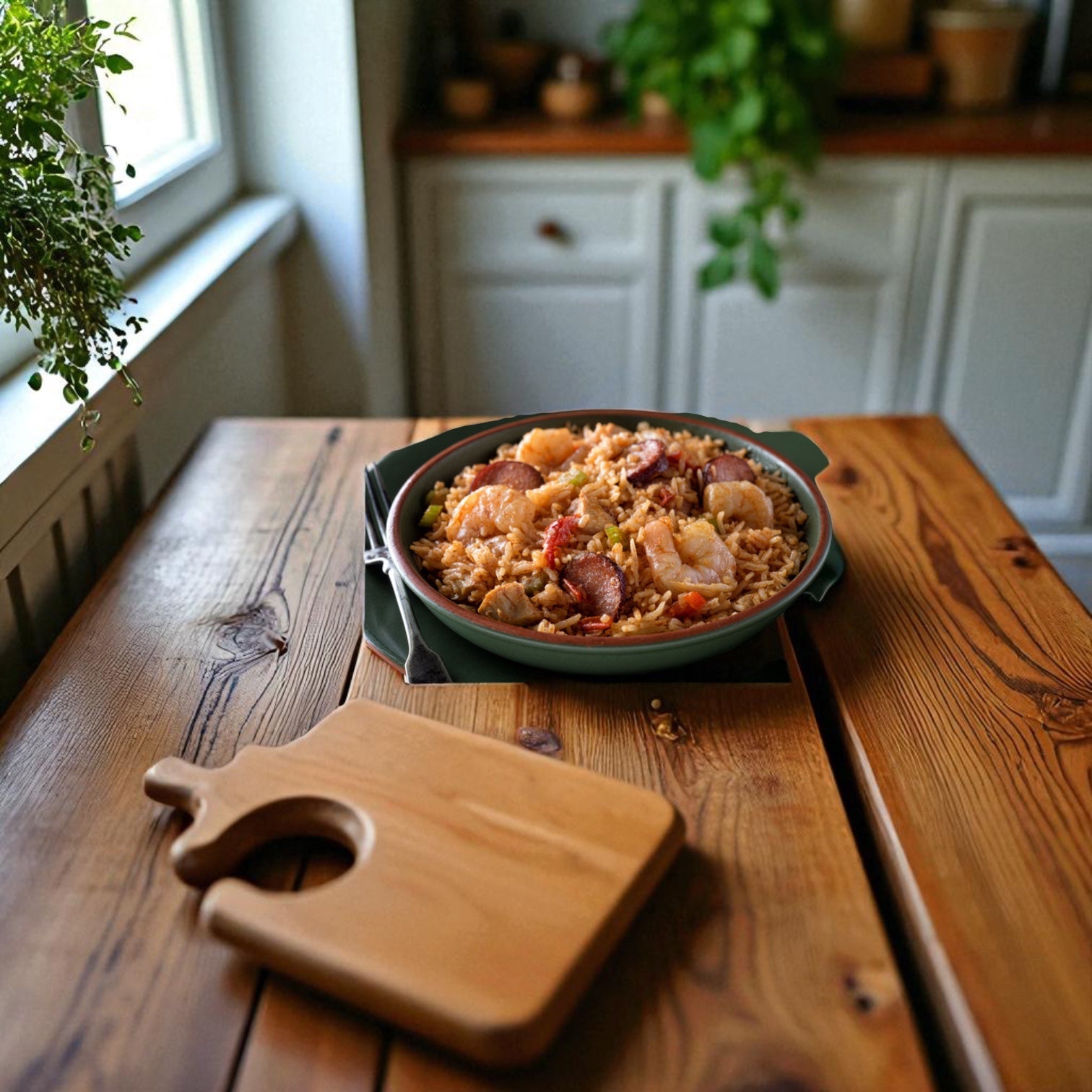 A bowl of rice with vegetables, sausage, and Sysco Shrimp White Peeled And Deveined Tail-off sits on a wooden table in a cozy, plant-filled kitchen with natural light.