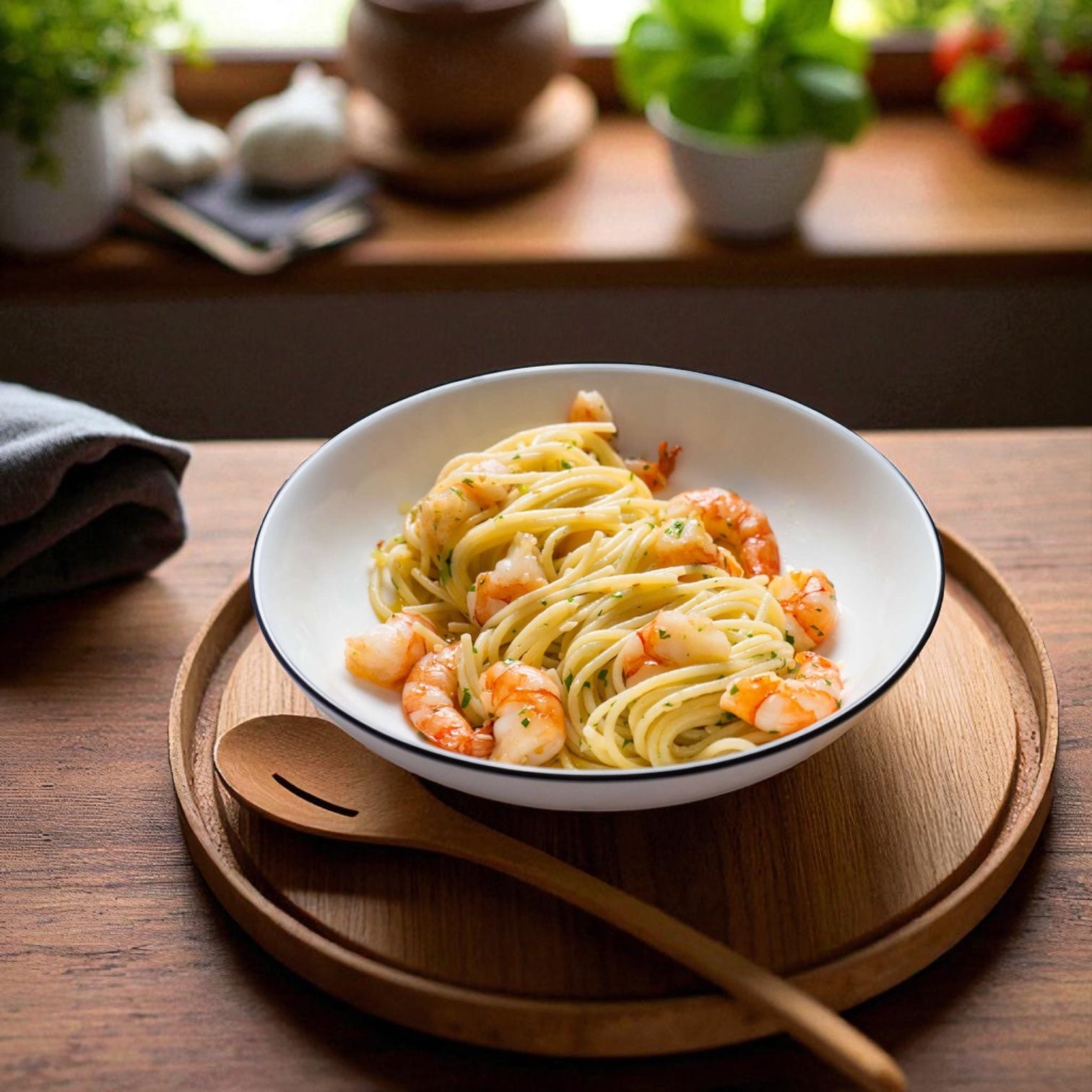 A bowl of spaghetti with Sysco Shrimp White Peeled And Deveined Tail-Off from a 2.5 lb case sits on a round wooden tray with a spoon, atop a wooden table near a window with plants in the background.