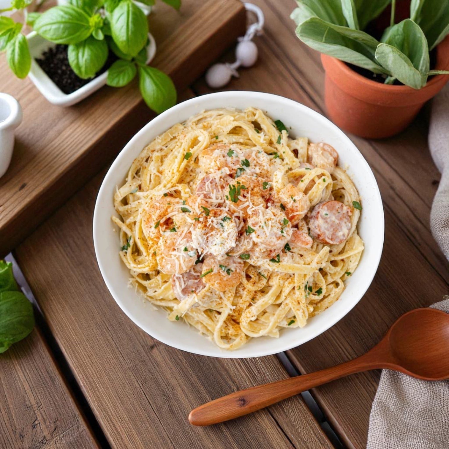 A bowl of creamy pasta with chicken and Sysco Shrimp White Peeled And Deveined Tail-on, topped with grated cheese and herbs, sits on a wooden table beside potted herbs and a wooden spoon.