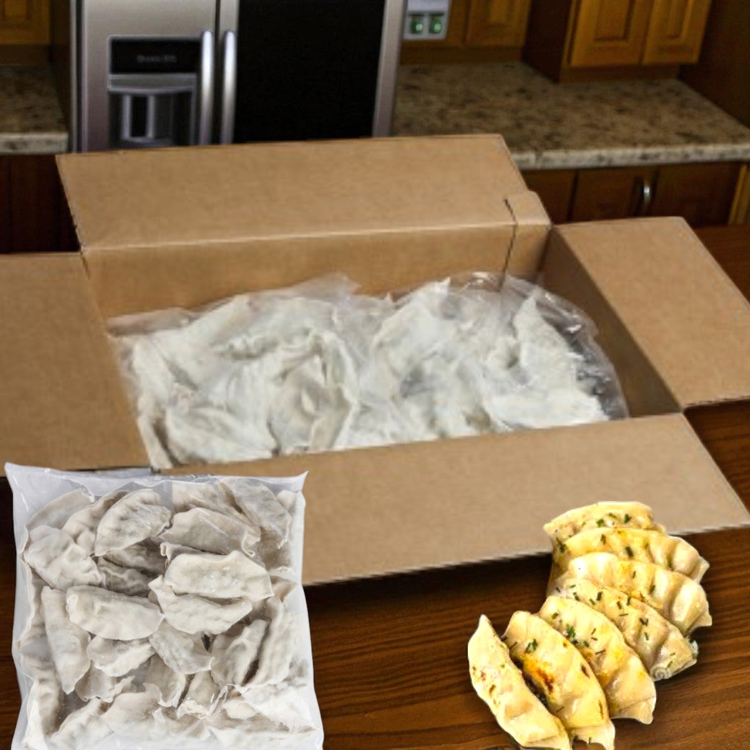 An open Easy Lunches Potsticker Pork Appetizer (120 count, 1 oz each, 1 case) is on the counter with cooked dumplings displayed—perfect appetizers for parties or catering events.