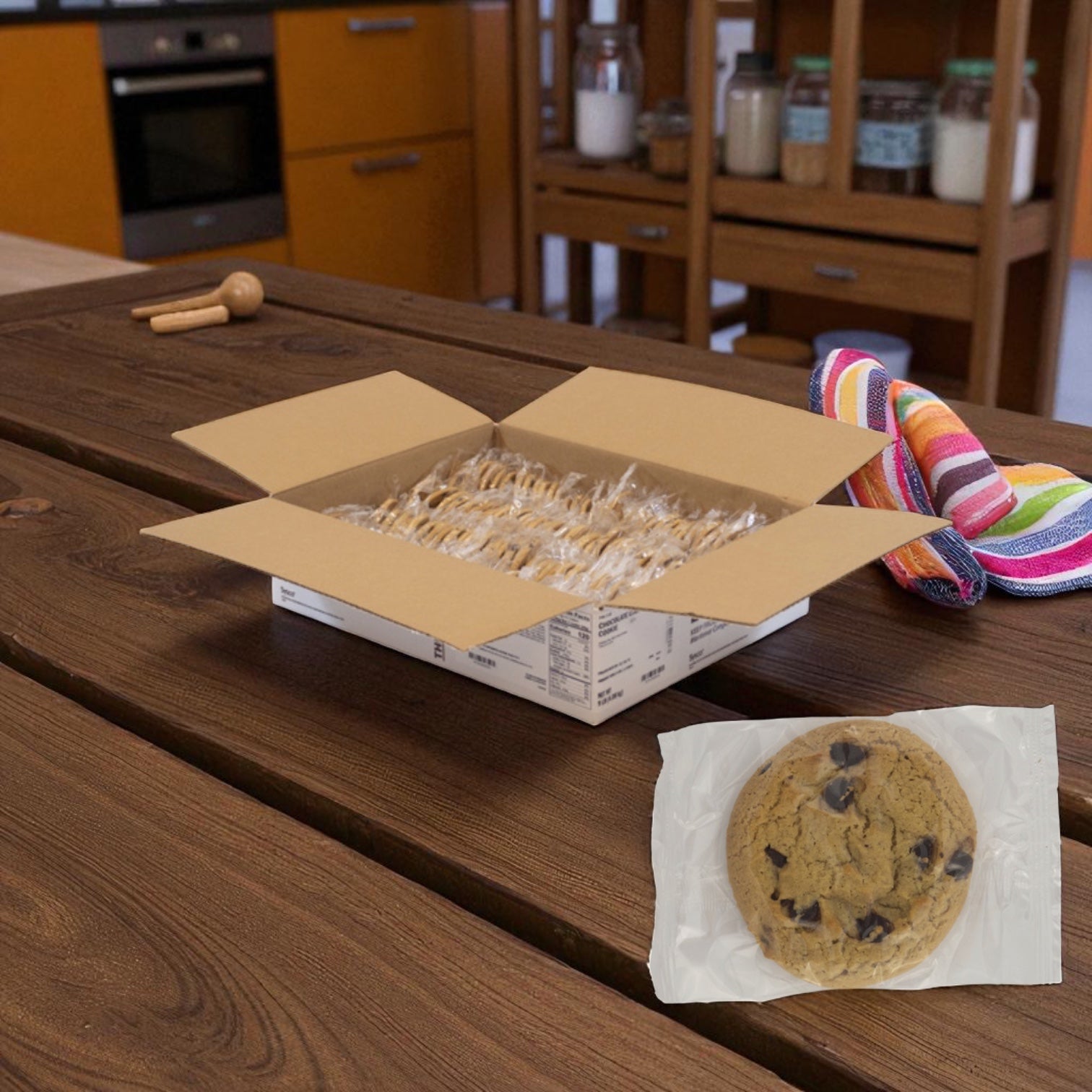 A box of Baker's Source Classic Cookie Chocolate Chip Clear Individually Wrapped 1 oz - 144 Count sits on a wooden kitchen table, with one tempting cookie displayed outside the box.
