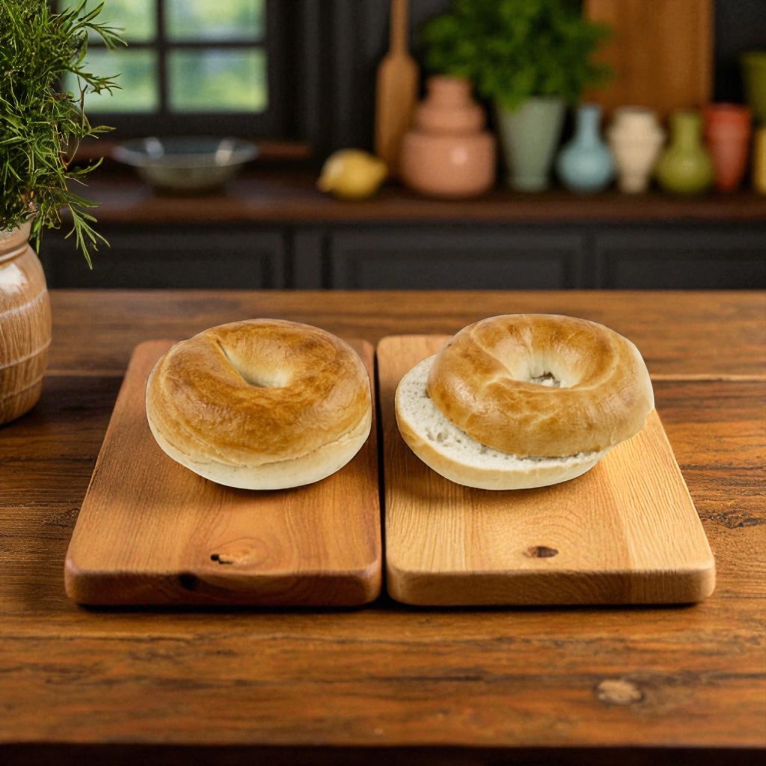 Two Baker's Source Classic Bagel Plain Individually Wrapped Sliced 3 oz, from a 60 count pack, are displayed on wooden boards in a kitchen setting with kitchenware and plants in the background.