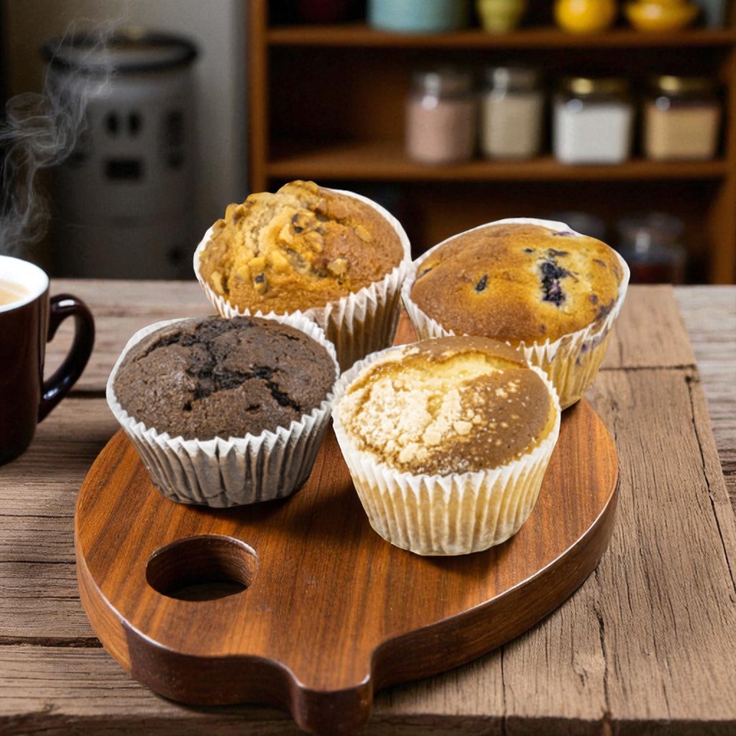 Four Baker's Source Classic Muffin Assorted Individually Wrapped 4.25 oz, served on a wooden board beside coffee, atop a rustic table with kitchen shelves in the background.