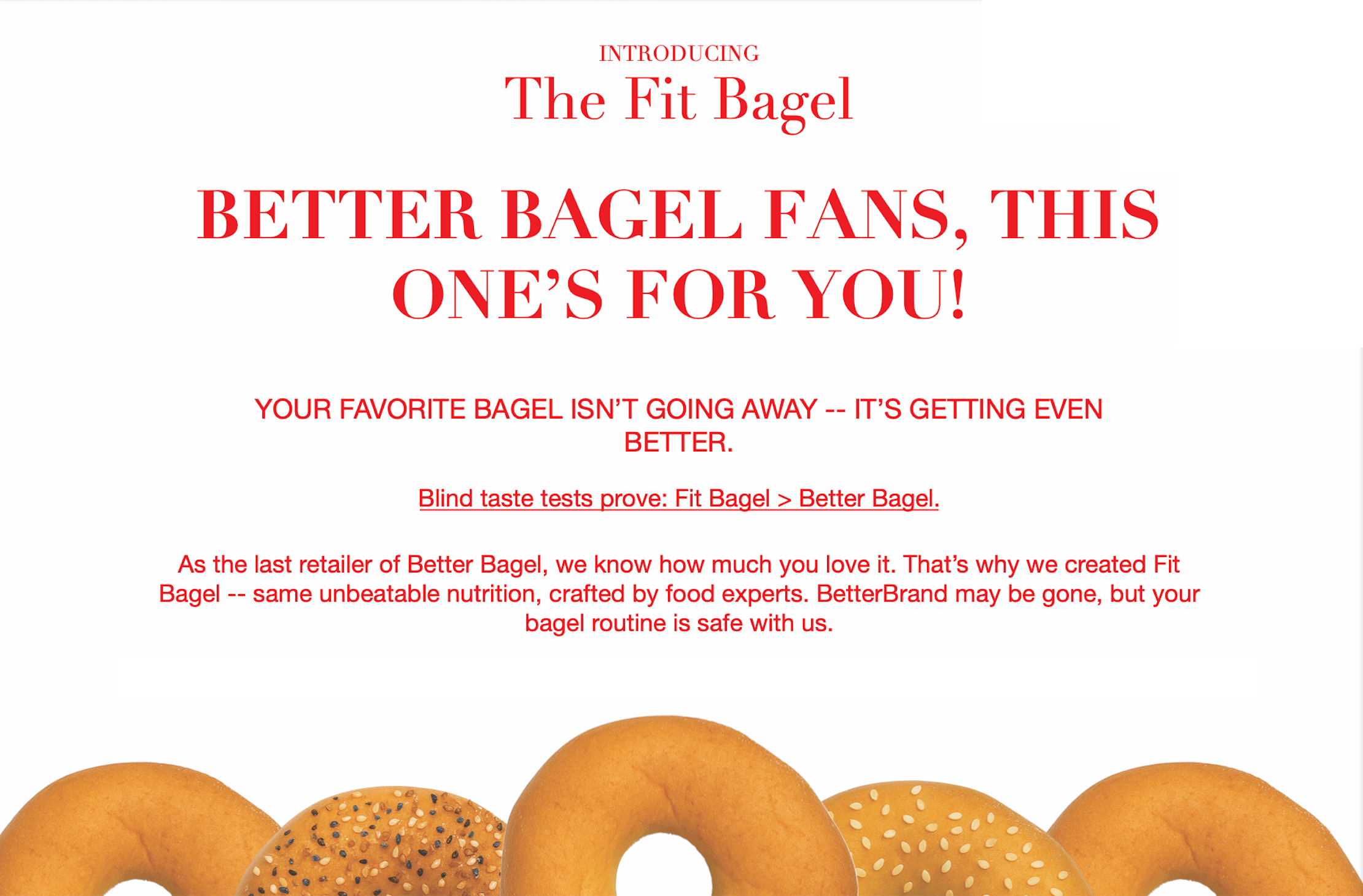 A promo image for The Fit Bagel shows a lineup of healthy Everything Bagels (4 bags, 16 total) at the bottom, with bold red text announcing this new offering from The Fit Bagel for bagel enthusiasts.