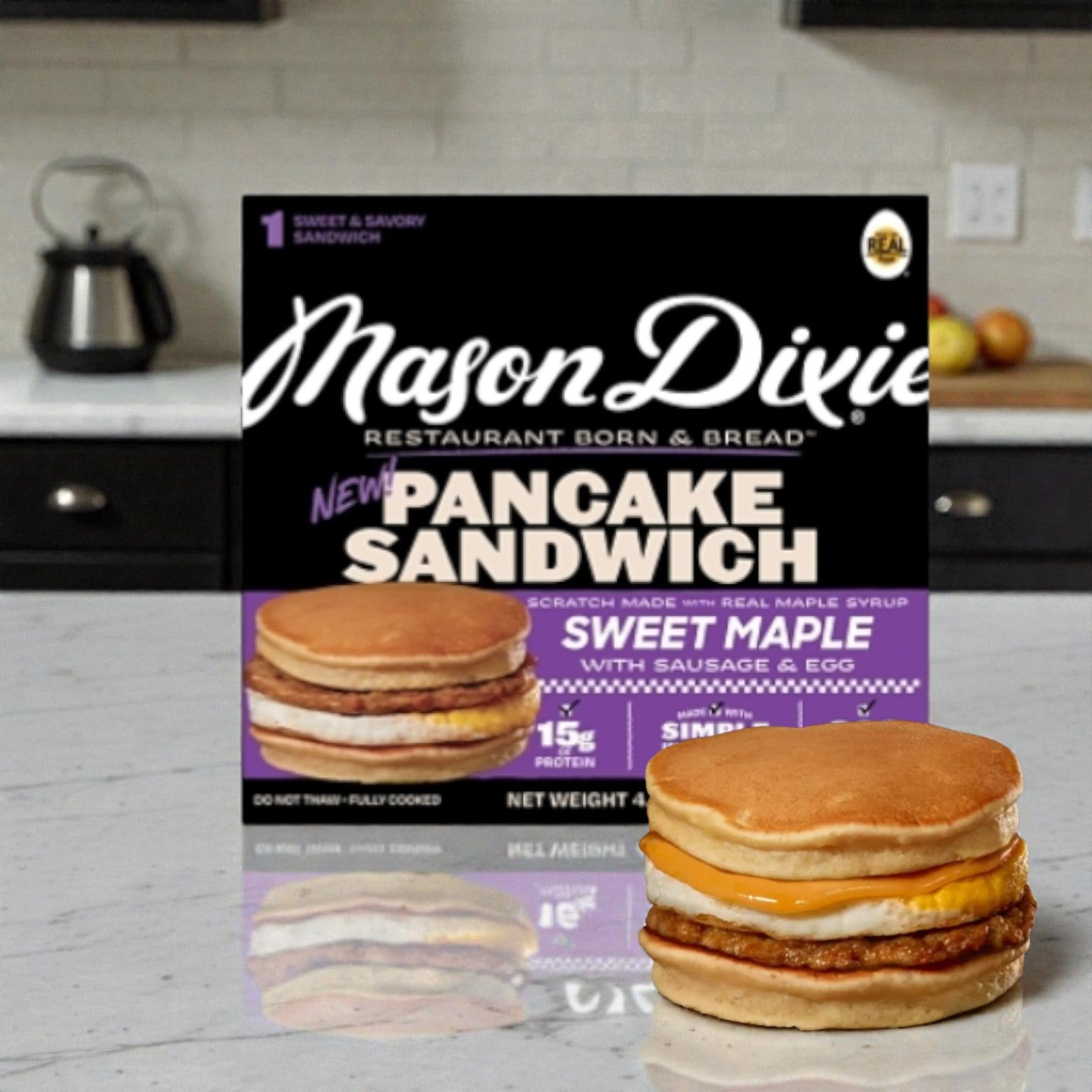 Mason Dixie Sausage & Egg Pancake Sandwich – 10 Pack, Frozen Breakfast. Please Note: Due to supplier processing times, this item may require an additional 1–2 business days for delivery. We appreciate your understanding and patience.