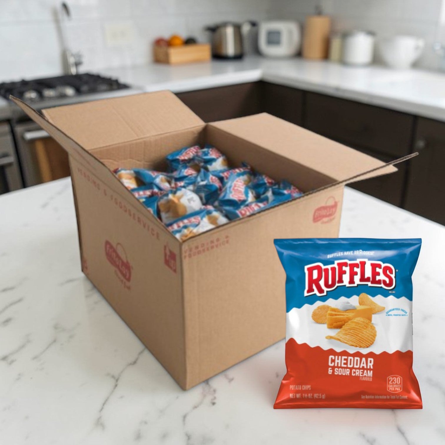 Ruffles Potato Chips, Cheddar & Sour Cream Flavored, 1.5 oz- 64 Pack