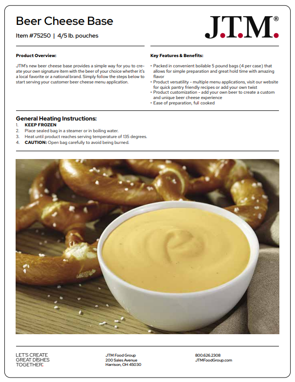 A 48 oz tub of J.T.M Craft Beer Cheese Dip, made with real cheese, is served on a white plate and surrounded by salted soft pretzel sticks—perfect for party snacks.