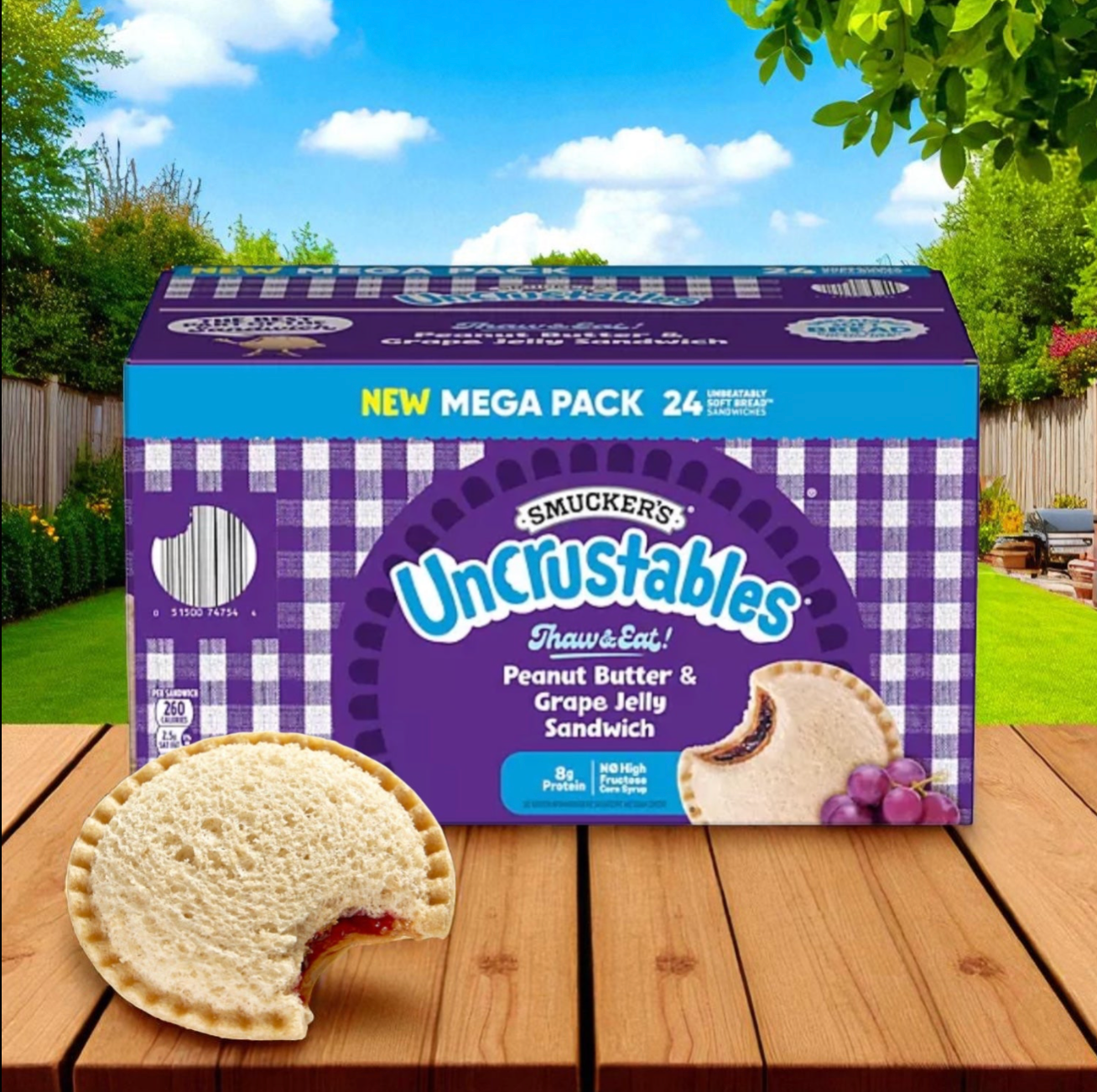 A box of Uncrustable Smuckers Bundle of Peanut Butter & Strawberry Jam Sandwich and Peanut Butter & Grape Jelly Sandwich (24 Count, 2 Pack) sits on a wooden table outdoors, with a sandwich in front and a garden view—perfect for snack bundles.