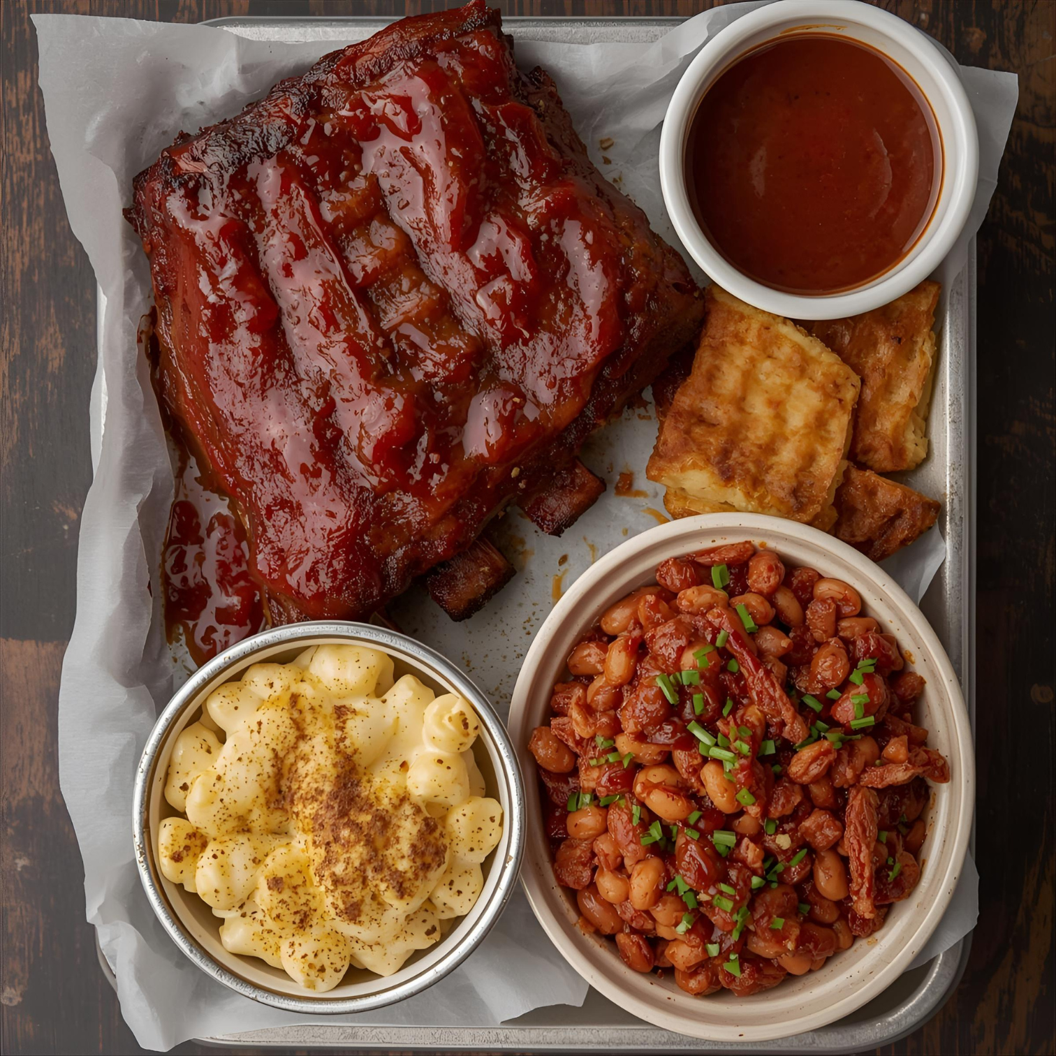 The TJ Ribs - Ribs Dinner (Serves 2) from TJ Ribs features baby back ribs, baked beans with chives, mac & cheese, cornbread pieces, and barbecue sauce—ideal for a shared BBQ meal.