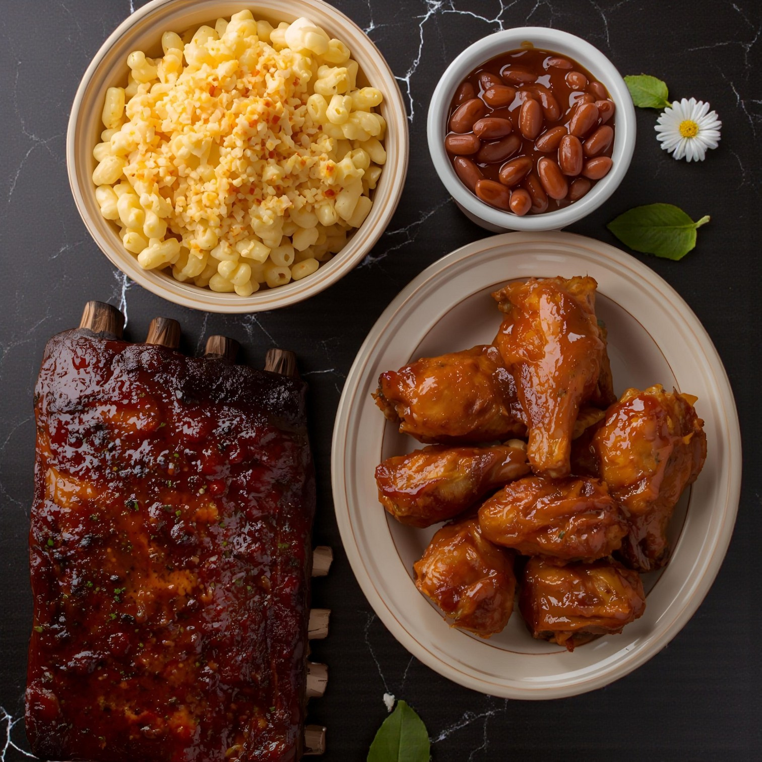 The TJ Ribs - Ribs & Wings Dinner (Serves 2) by TJ Ribs features sauced baby back ribs, chicken wings, creamy mac and cheese, and baked beans for a perfect BBQ meal.
