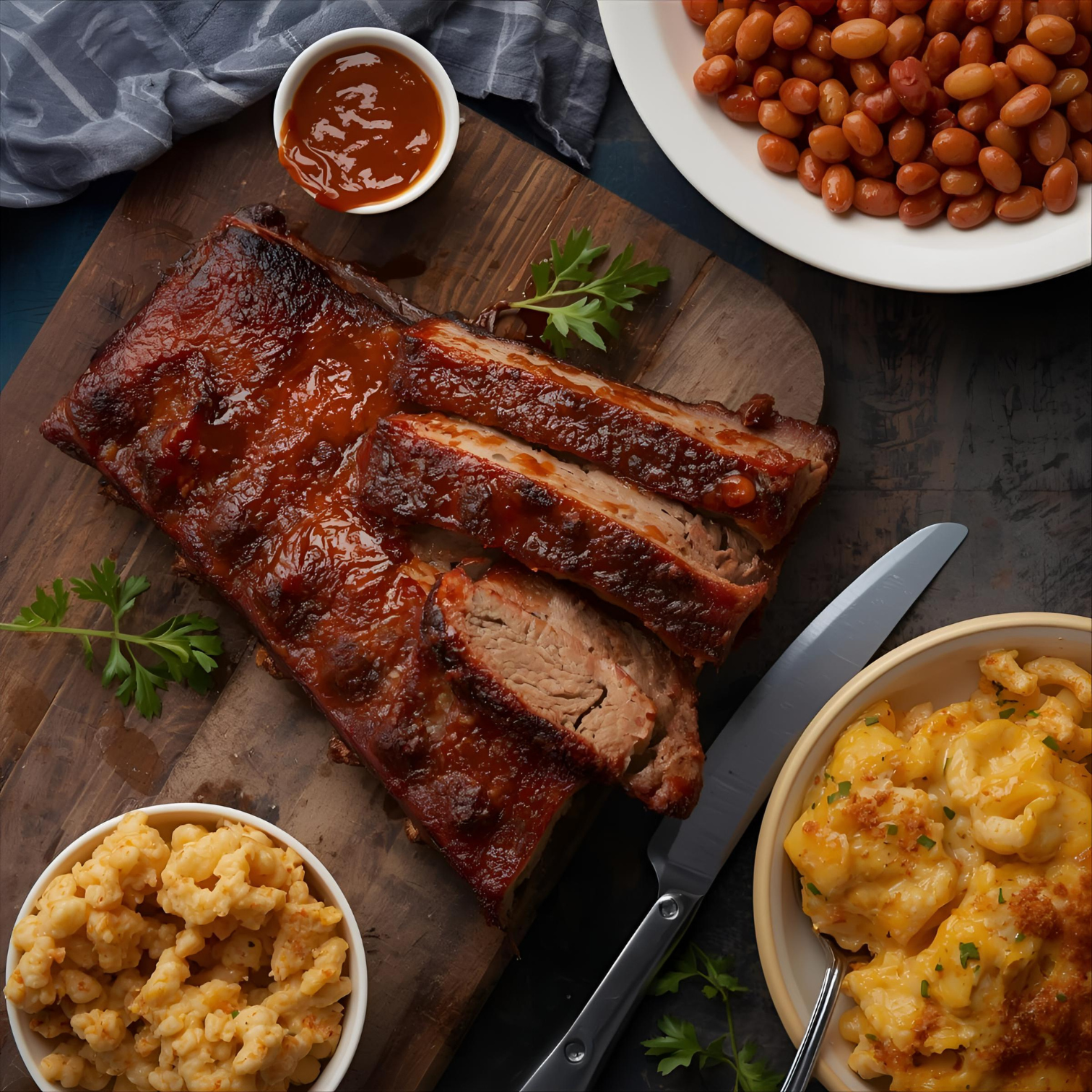 Savor the TJ Ribs - Ribs Dinner (Serves 8) by TJ Ribs: tender baby back ribs with barbecue sauce, baked beans, and macaroni & cheese—classic BBQ sides. Knife and fork included for easy dining. Perfect for a family feast!.