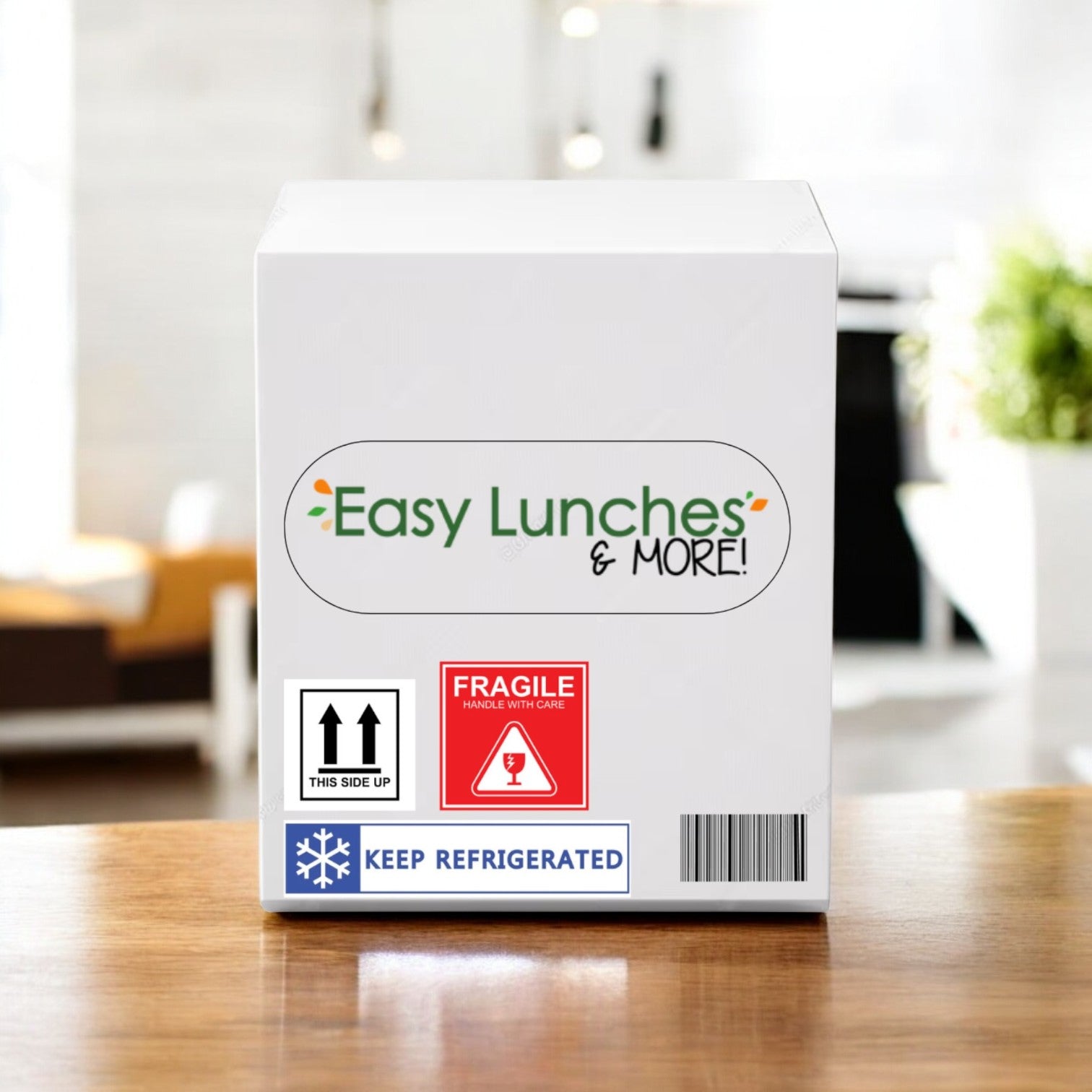 White box labeled "Easy Lunches & More!" with “Fragile,” “This Side Up,” and “Keep Refrigerated” stickers sits on a wooden surface—ideal for storing Vienna Beef Jumbo Franks – 12" 4:1, 10 lb. case (~40 count) from Vienna Beef.