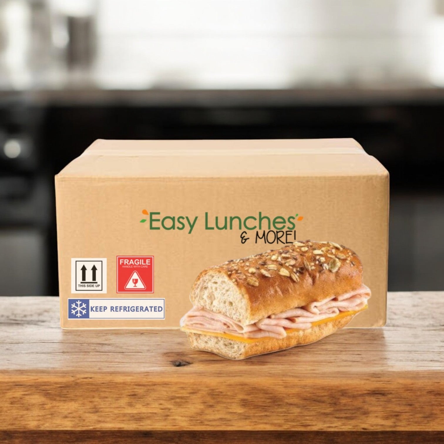 An E.A. Sween Smoked Turkey & Cheddar Sub Sandwich on a rustic oat topped roll sits by an "Easy Lunches & More!" box; 1 case, 8 count, ships frozen with 30 days shelf life in the cooler once thawed.