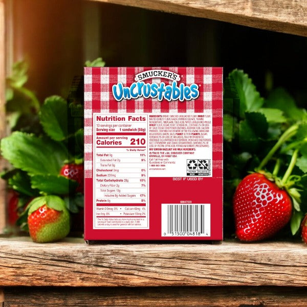 A 24-count box of Uncrustable Smuckers Peanut Butter & Strawberry Jam Sandwiches sits on a wooden surface with fresh strawberries nearby, showing nutrition facts for these convenient handheld snacks.