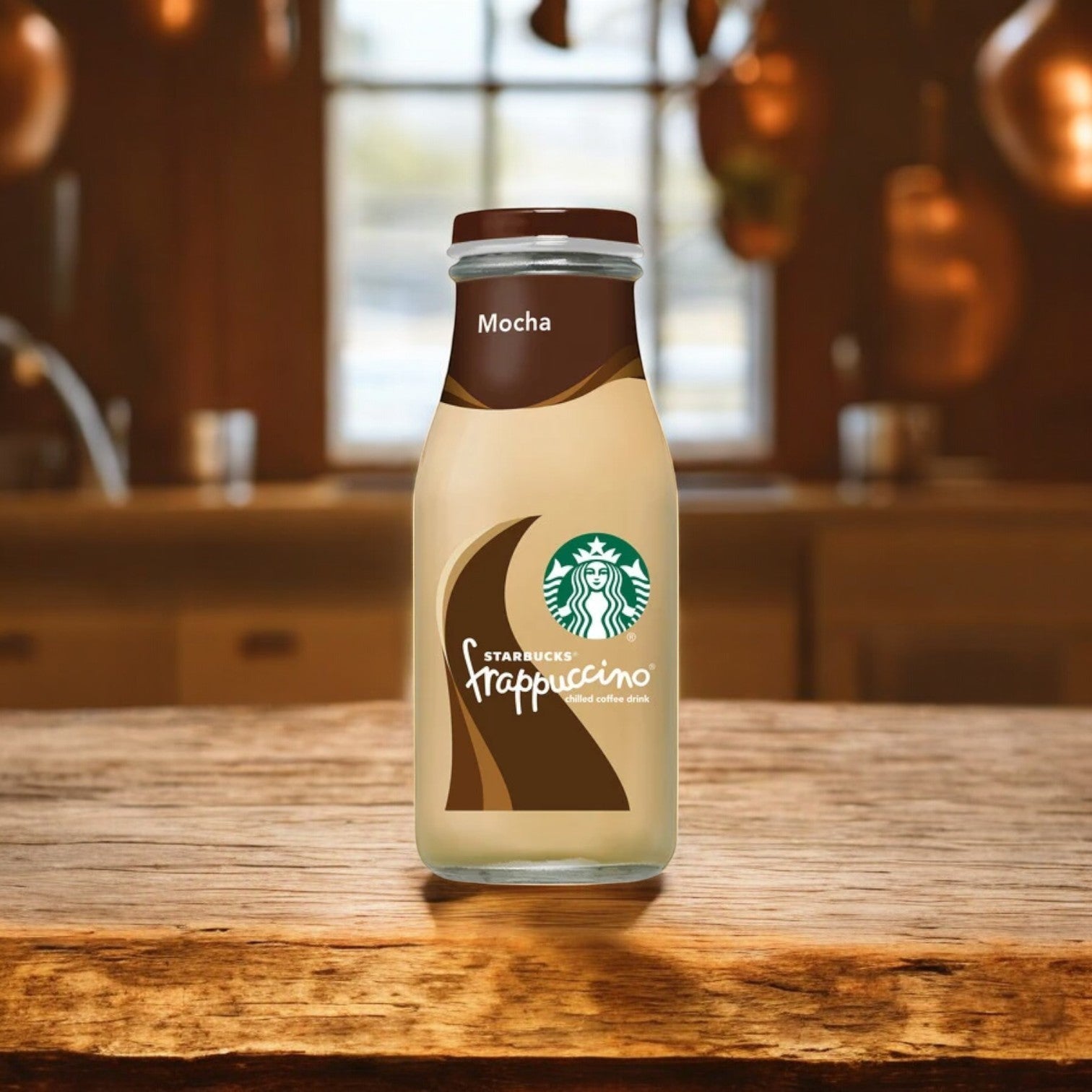 A Starbucks Frappuccino Mocha Chilled Coffee, 9.5 fl oz, rests on a wooden table with a cozy kitchen softly blurred in the background.