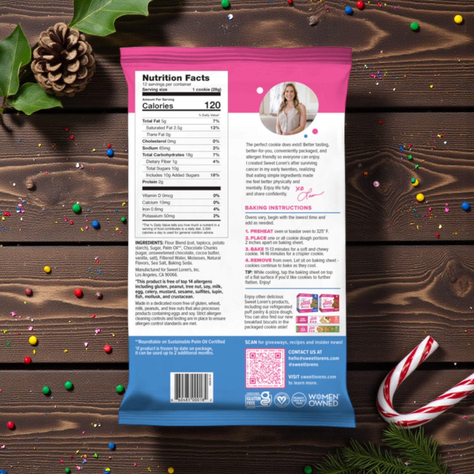Back of a Sweet Loren's Cookie Dough Combo package (Monster Cookie Dough 9.6 oz + Chocolate Chunk 12 oz, Gluten-Free & Vegan) on wood with sprinkles and candy canes; shows nutrition facts, ingredients, instructions, and woman’s photo.