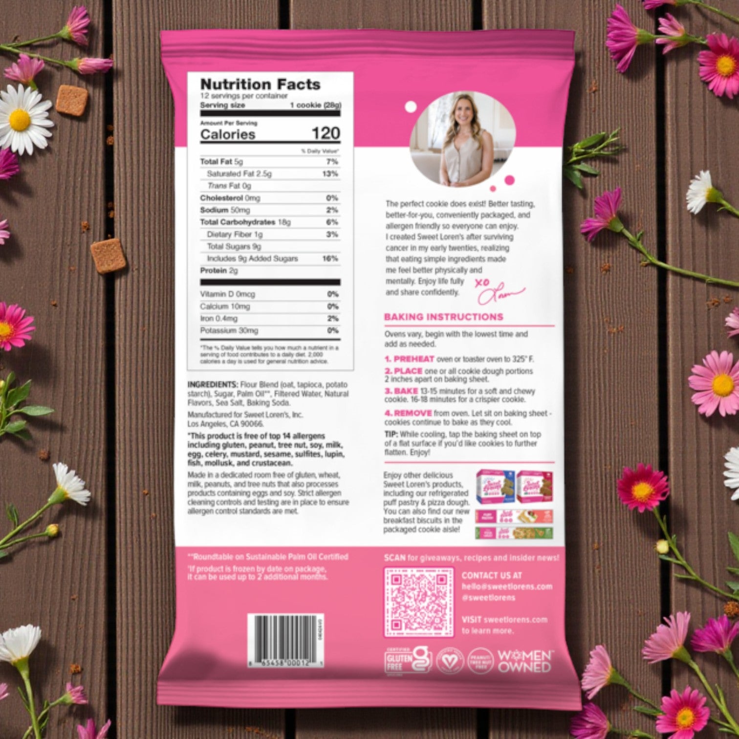 Back of a Sweet Loren's Cookie Dough Variety Combo pack, featuring nutrition facts, ingredients, baking instructions, a photo of a woman, daisies, and pink flowers on wood—highlighting their delicious gluten-free & vegan cookie dough.