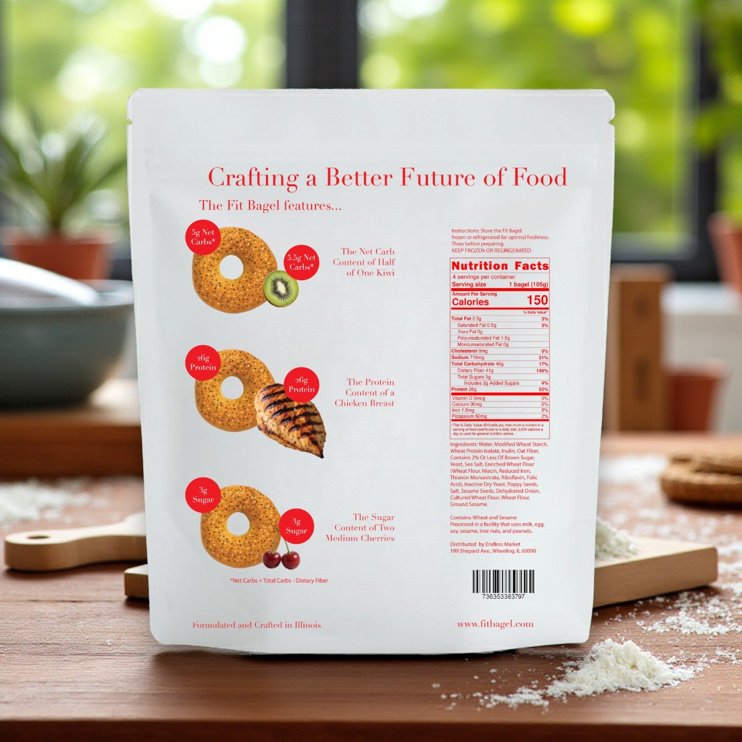 A bag of The Fit Bagel – Everything Bagels (4 pack) by The Fit Bagel sits on a kitchen counter, showcasing its nutrition facts and highlighting its low carb, high protein, and low sugar benefits—ideal for healthy eaters.