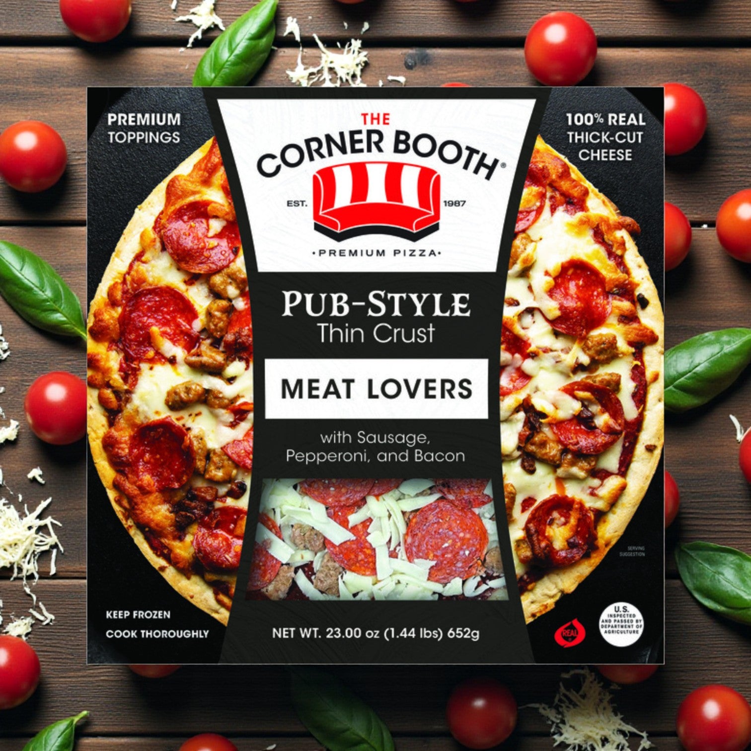 The Corner Booth Pub-Style Thin Crust Meat Lovers Pizza – 23 oz (3 Pack)
