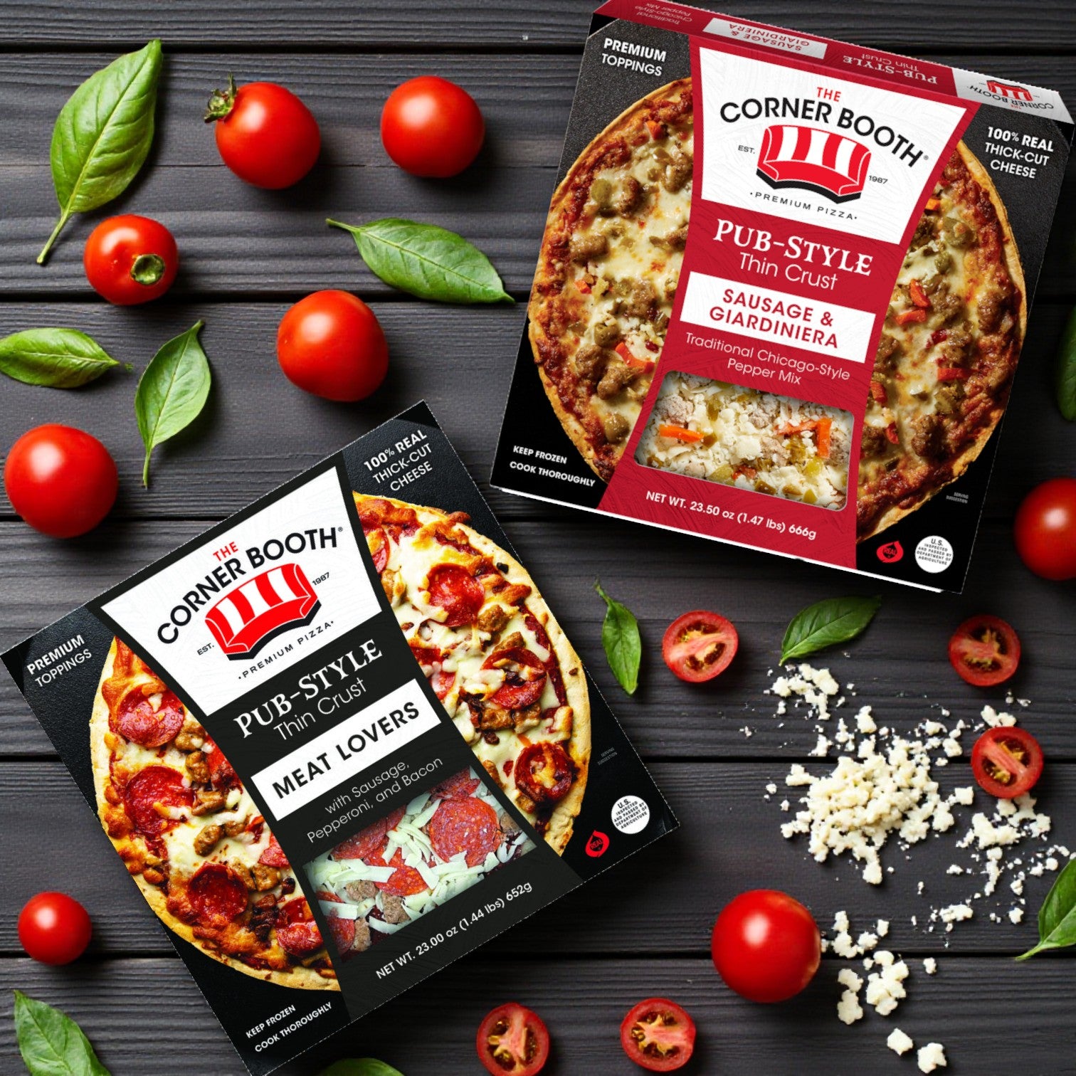 The Corner Booth Pub-Style Thin Crust Pizza Combo – Sausage & Giardiniera + Meat Lovers