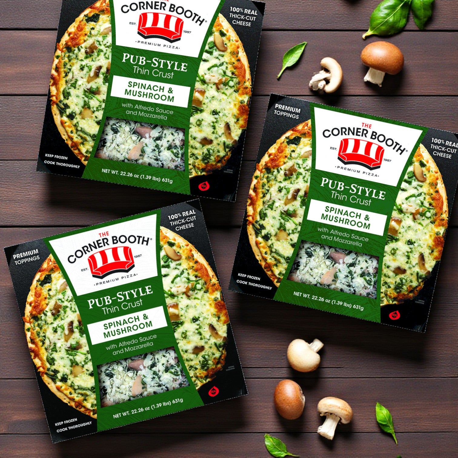 The Corner Booth Pub-Style Thin Crust Spinach & Mushroom Pizza – 22.26 oz (3 Pack)