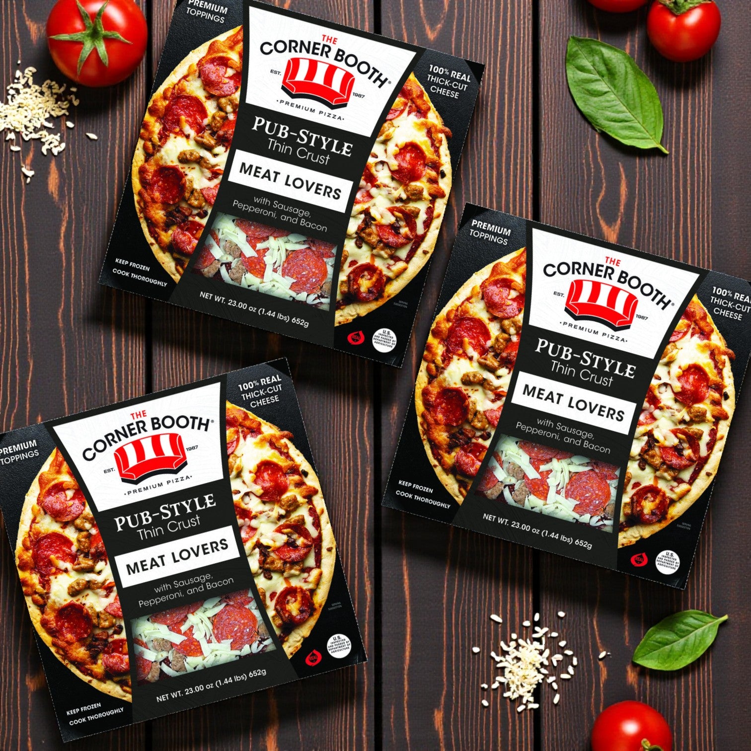 The Corner Booth Pub-Style Thin Crust Meat Lovers Pizza – 23 oz (3 Pack)