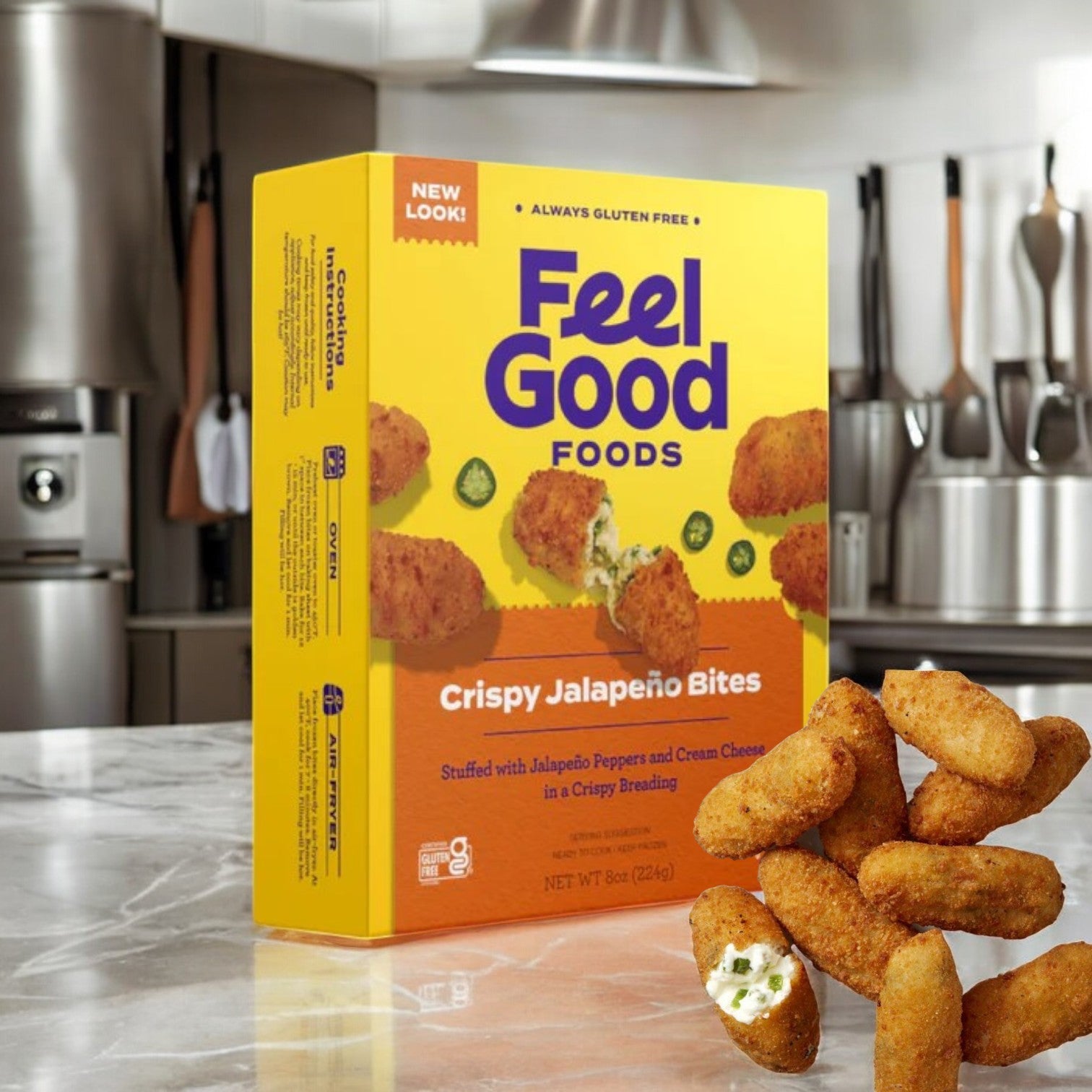 A box of Feel Good Foods Crispy Jalapeno Bites (8oz) sits on the kitchen counter, with several air-fried bites in front, offering a tasty and spicy snack.