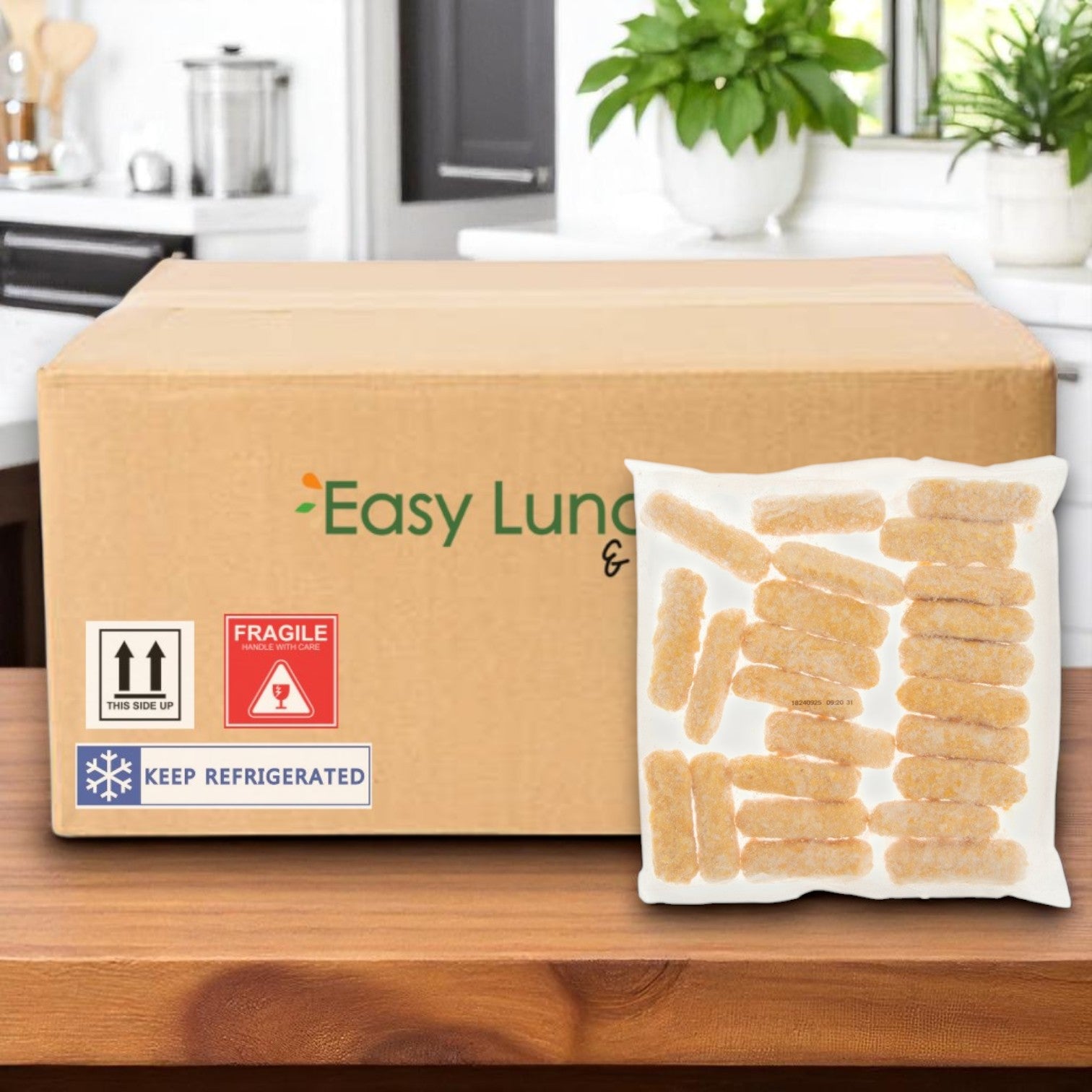A Sysco box of Mozzarella Cheese Sticks (Battered), 6 bags of 2 lbs each, sits on the kitchen counter with warning stickers, next to a vacuum-sealed pack—an appetizing and convenient option for any meal.