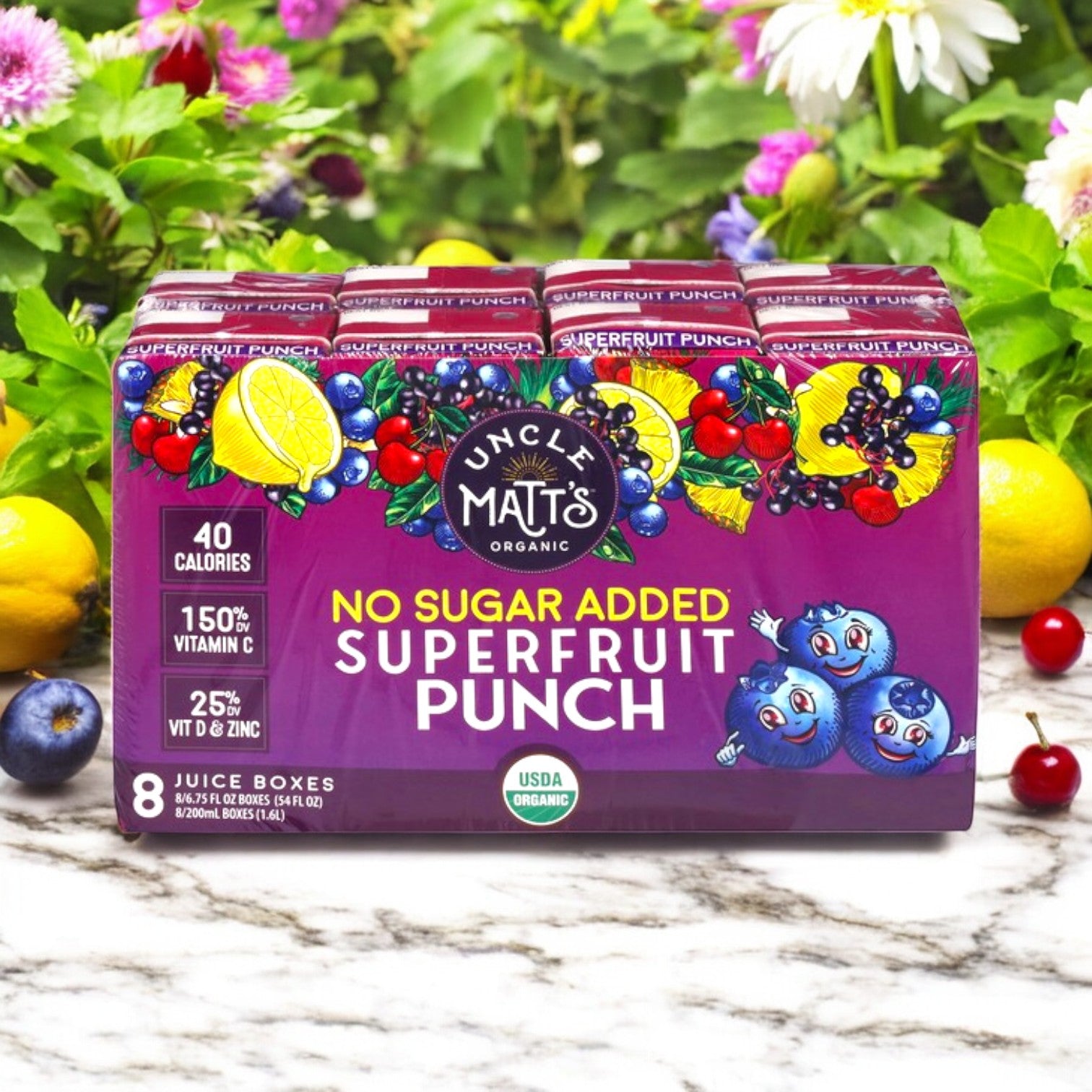Uncle Matt's Organic Superfruit Punch, No Sugar Added (6.75 fl oz, 8 Pack), features vibrant fruit art and nutritional info amidst a garden setting with flowers and lemons, offering an antioxidant-rich, vitamin-packed refreshment.