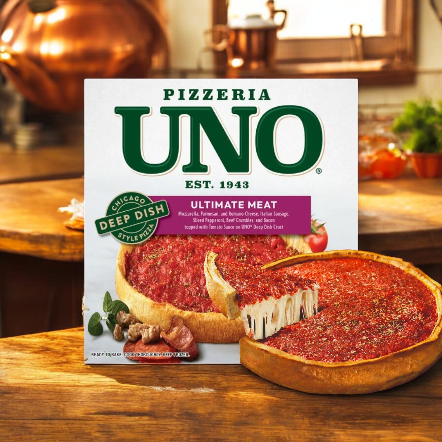 Pizzeria Uno's Chicago Style Deep Dish Ultimate Meat Pizza, 28.7 oz, with a famous buttery crust, is showcased beside a sliced pizza on a wooden table. The packaging highlights its thick-crust layered with rich meats and cheese against a cozy kitchen backdrop.