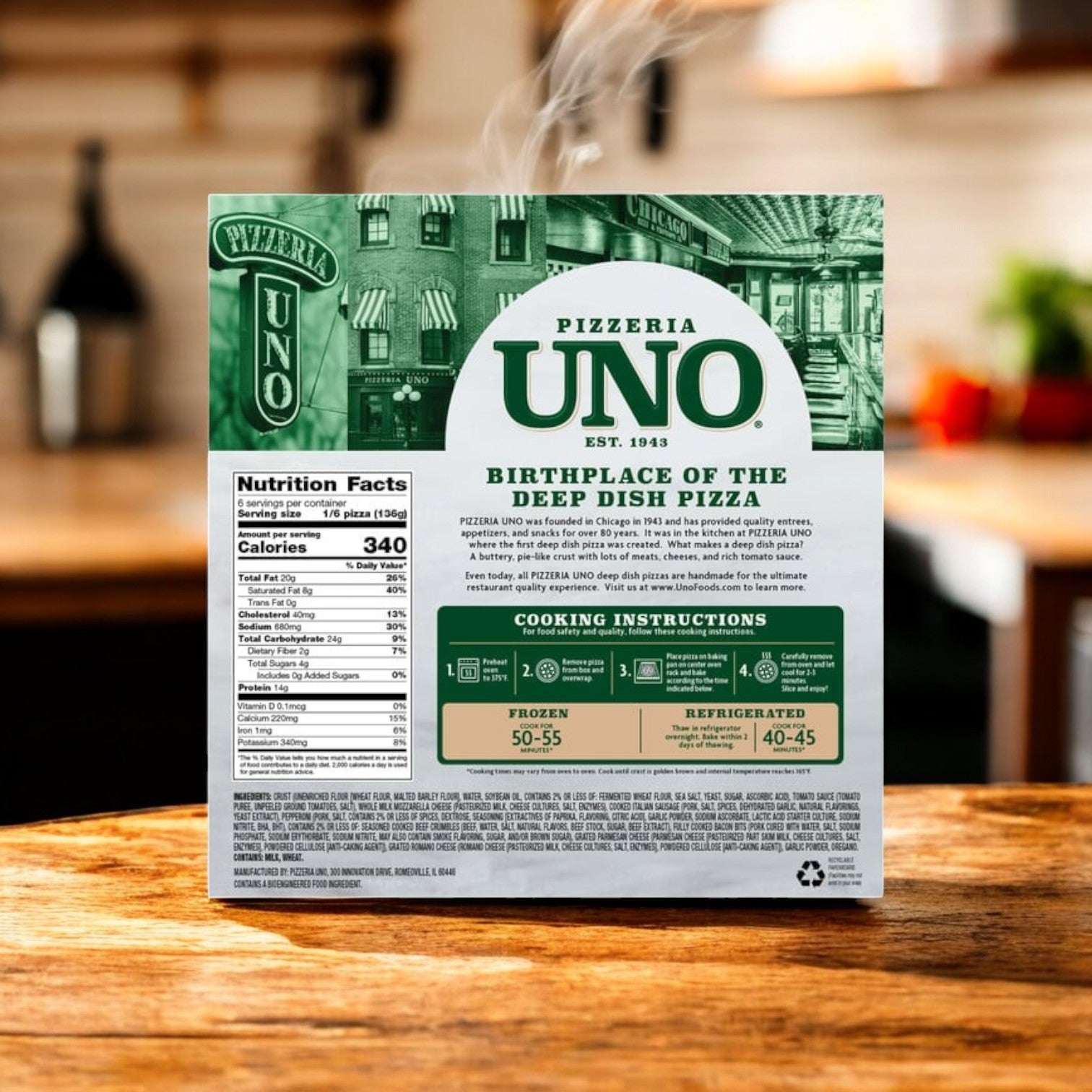 Pizzeria Uno's 28.7 oz Chicago Style Deep Dish Ultimate Meat Pizza sits on a wooden counter, showcasing its renowned buttery crust. Check out the nutritional facts and cooking instructions to enjoy this pizza at home today!.