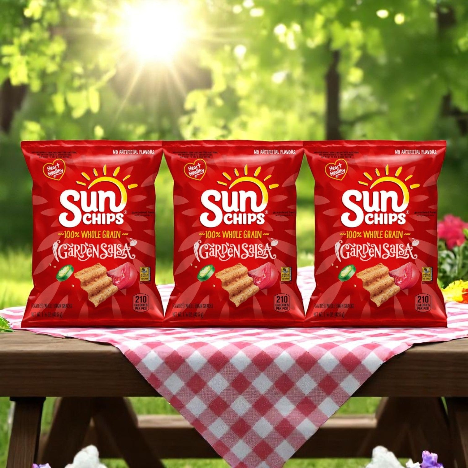Three bags of snack chips rest on a picnic table with E.A. Sween's 10-Pack Wrap & Sub Sandwich Bundle and 10 Assorted Snack Chips, making for a perfect outdoor meal.