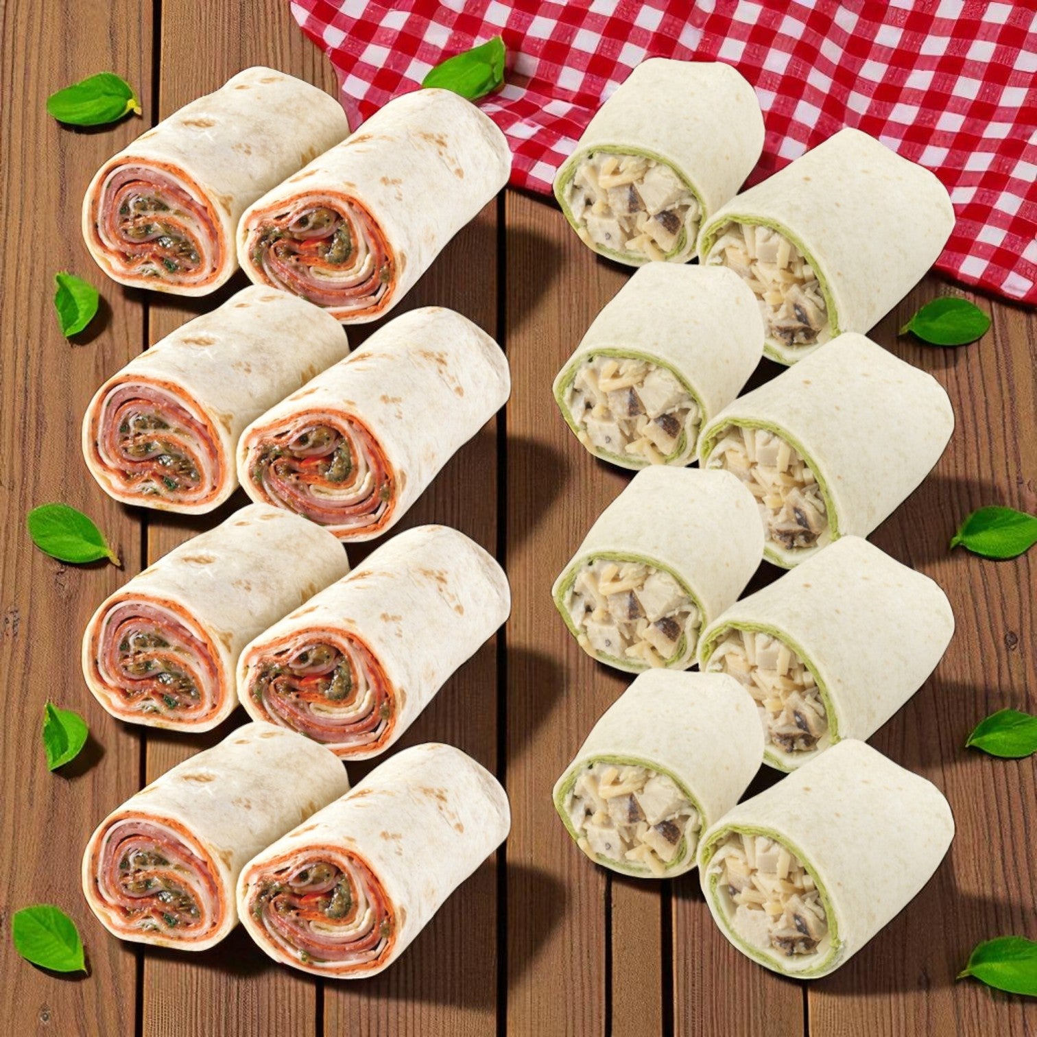 Eight E.A. Sween Market Wrap Combo Pack sandwiches—4 Italian Style (8.2 oz) and 4 Chicken Caesar (8.6 oz)—are displayed on a wooden surface with basil leaves and a red checkered cloth in the corner.