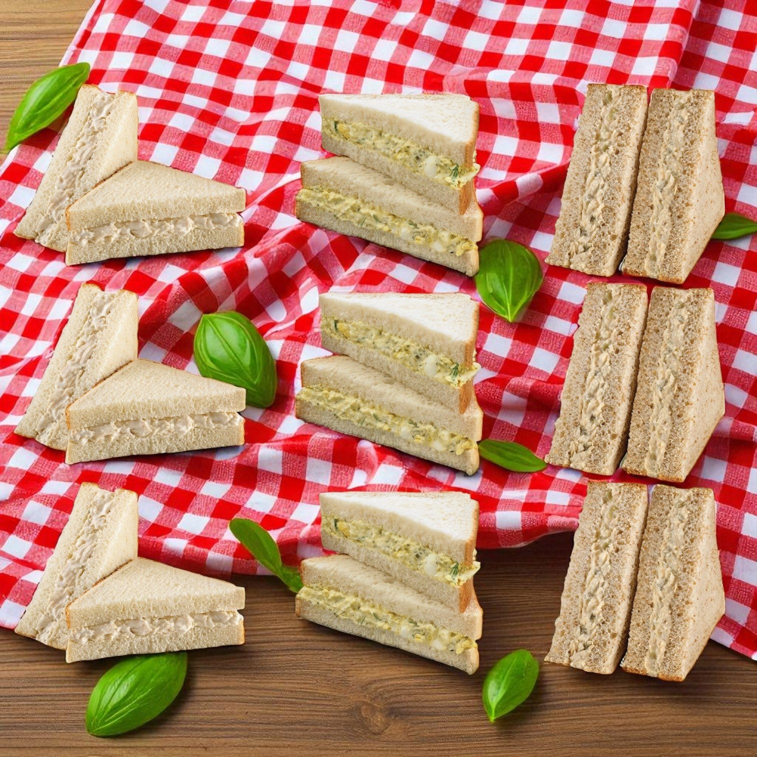 The E.A. Sween Deli Salad Variety Pack features 3 Chicken Salad Sandwiches, 3 Dill Egg Salads, and 3 Albacore Tuna Salad Sandwiches for a total of 9 delicious items arranged for an appetizing display.