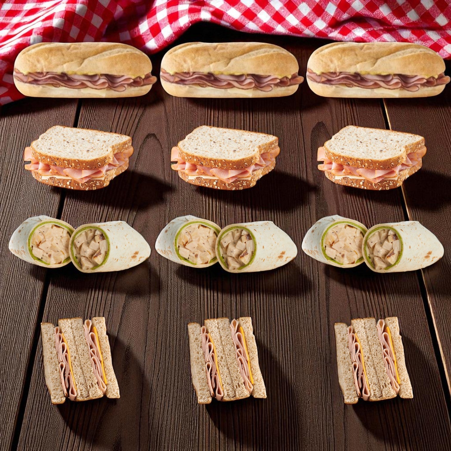 Enjoy an Easy Lunches Sandwich Variety Pack—12 sandwiches and wraps, including subs, sliced bread sandwiches, tortilla wraps, and clubs. Ships frozen with a 30-day shelf life once thawed—fresh choices perfect for office lunches!.