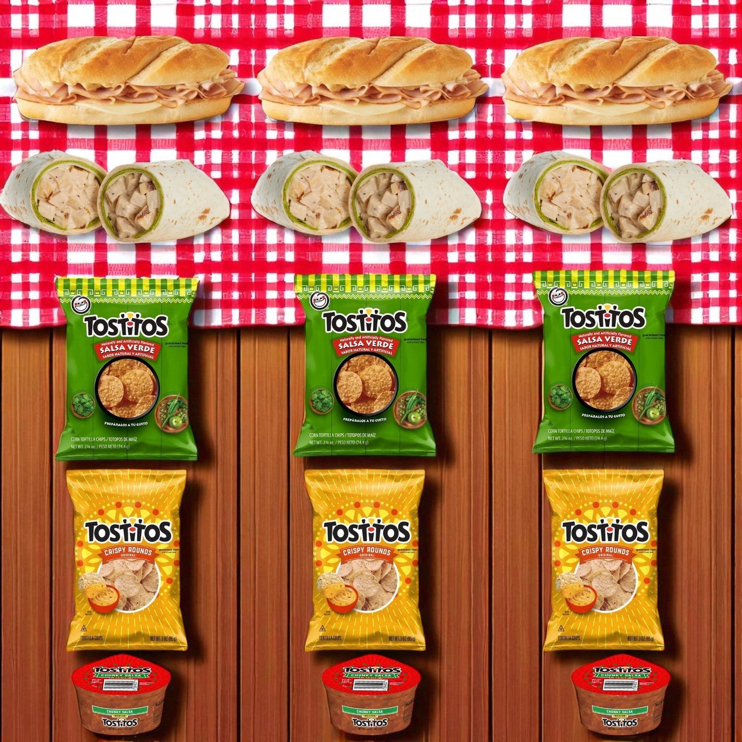 Sandwiches and Tostitos Snack & Deli Combo Pack! 3 Sandwiches, 3 Wraps 6 Chips and 3 Salsa Cups!