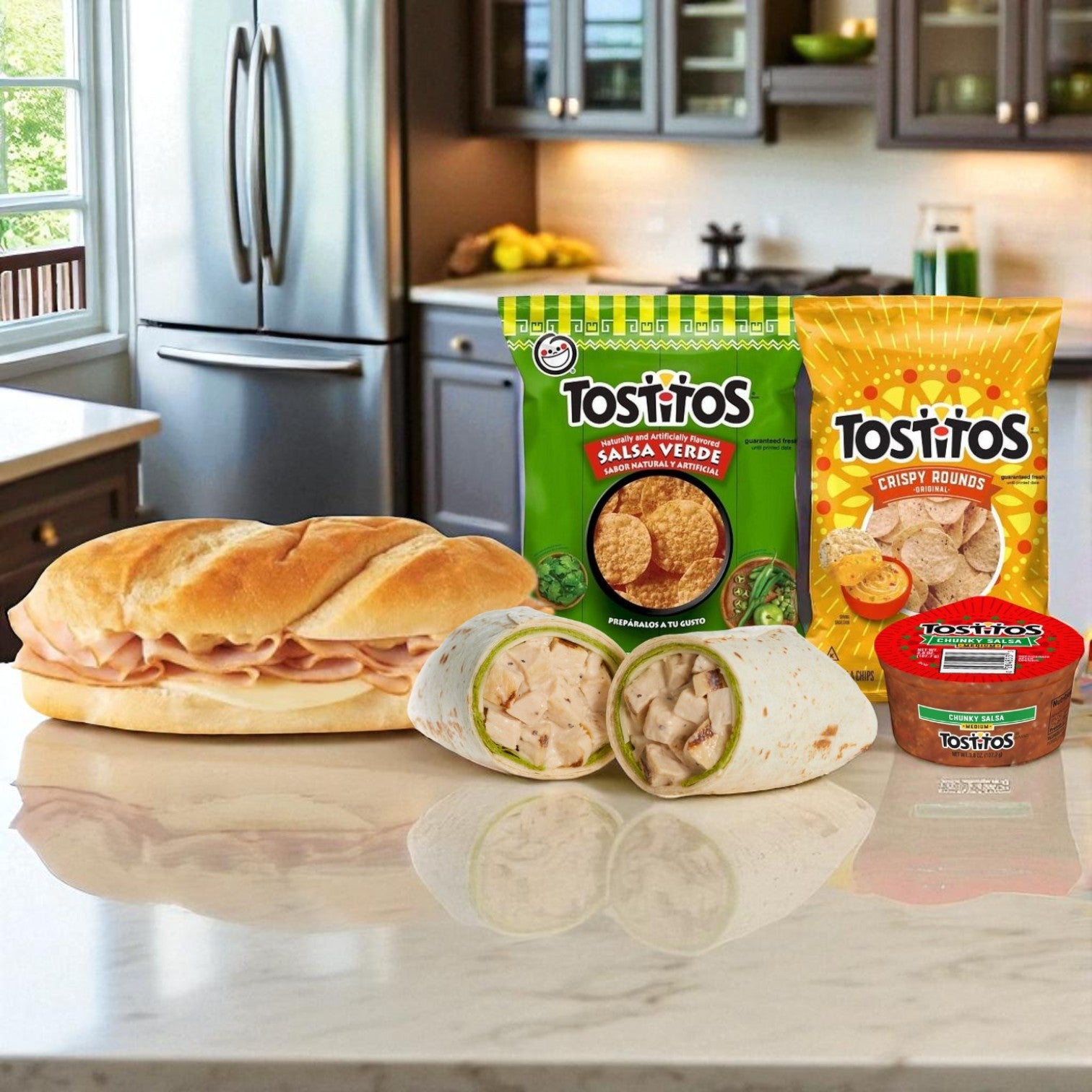 An E.A. Sween Tostitos Snack & Deli Combo Pack, featuring deli sandwiches, Salsa Verde chips, Crispy Rounds chips, and salsa, sits on a kitchen counter.
