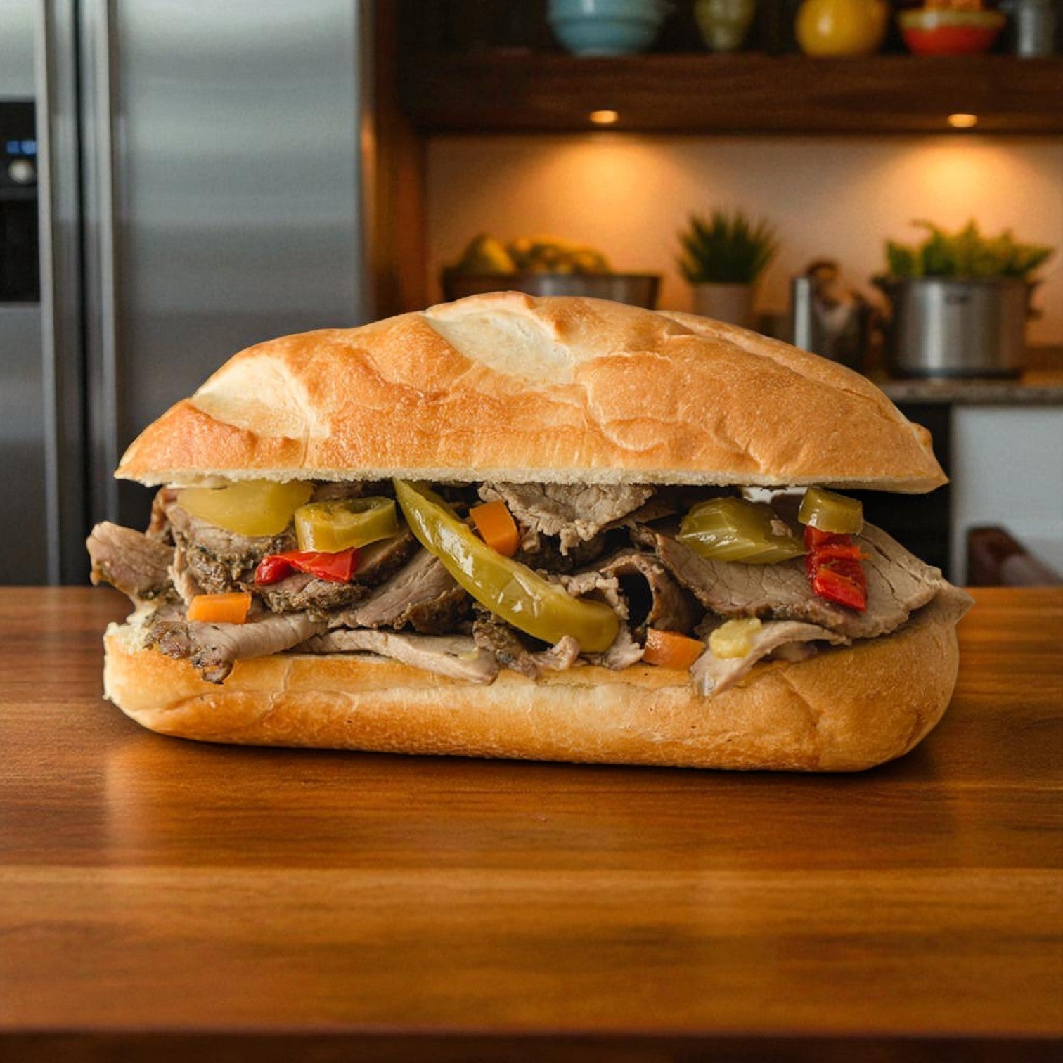 A Chicago-style Italian beef sandwich made with Vienna Beef Italian Style Roast Beef sits on a crusty roll with sliced peppers and vegetables on a wooden kitchen counter.