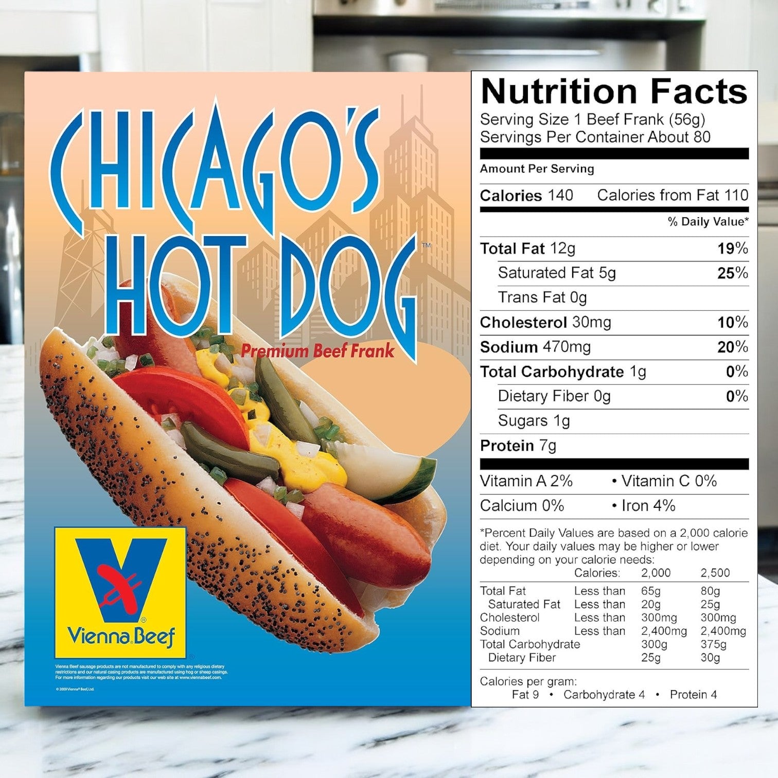 Enjoy authentic Chicago flavor with Vienna Beef Natural Casing Hot Dogs – 6" (10 per lb., 100 total), topped with mustard, relish, onions, tomato, sport peppers, and a pickle on a poppy seed bun—premium beef quality you can trust.