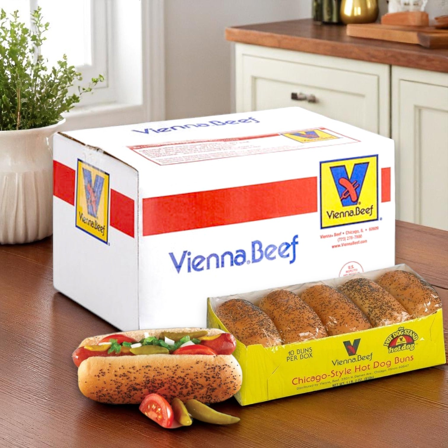 A Vienna Beef Hot Dog Kit—featuring 60 hot dogs and 60 buns—is displayed on a kitchen counter, complete with classic Chicago-style toppings.