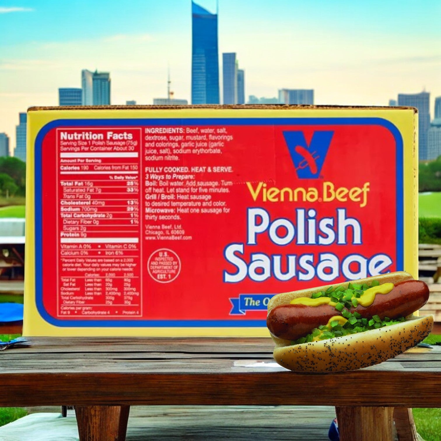 A Vienna Beef Polish Sausage 5-pound box (30 count) is showcased outdoors. A sausage, known for its authentic Polish flavor and premium beef quality, rests invitingly on a picnic table, with the city skyline as a backdrop.