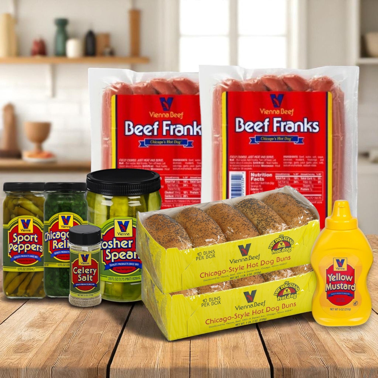 Vienna Beef Hot Dog Kit! Chicago Style! features 32 hot dogs with condiments and buns—includes pickles, sport peppers, celery salt, and yellow mustard—perfect for assembling authentic Chicago-style hot dogs at home.