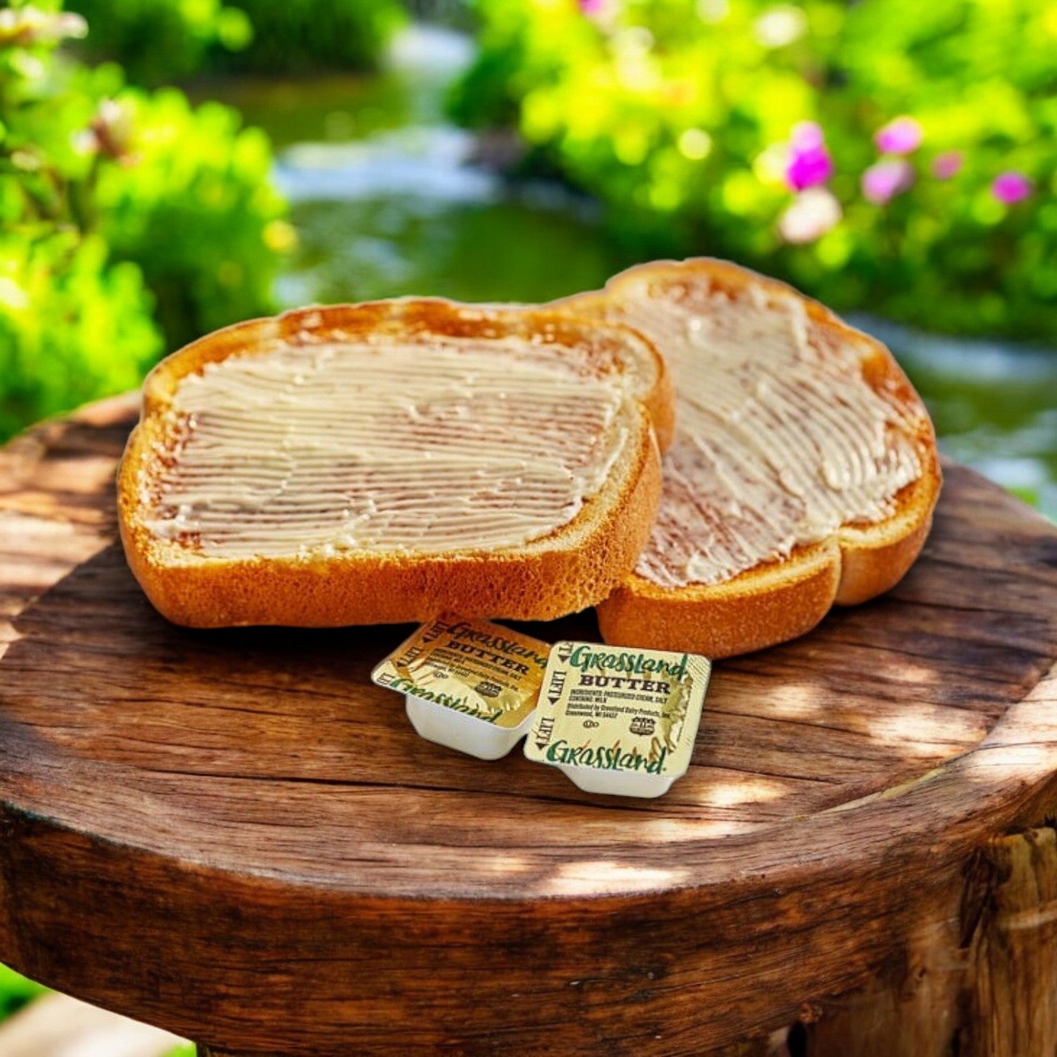 Two slices of toasted bread with Grassland Salted Butter rest on a wooden surface outdoors with a small creek winding through lush greenery in the background.