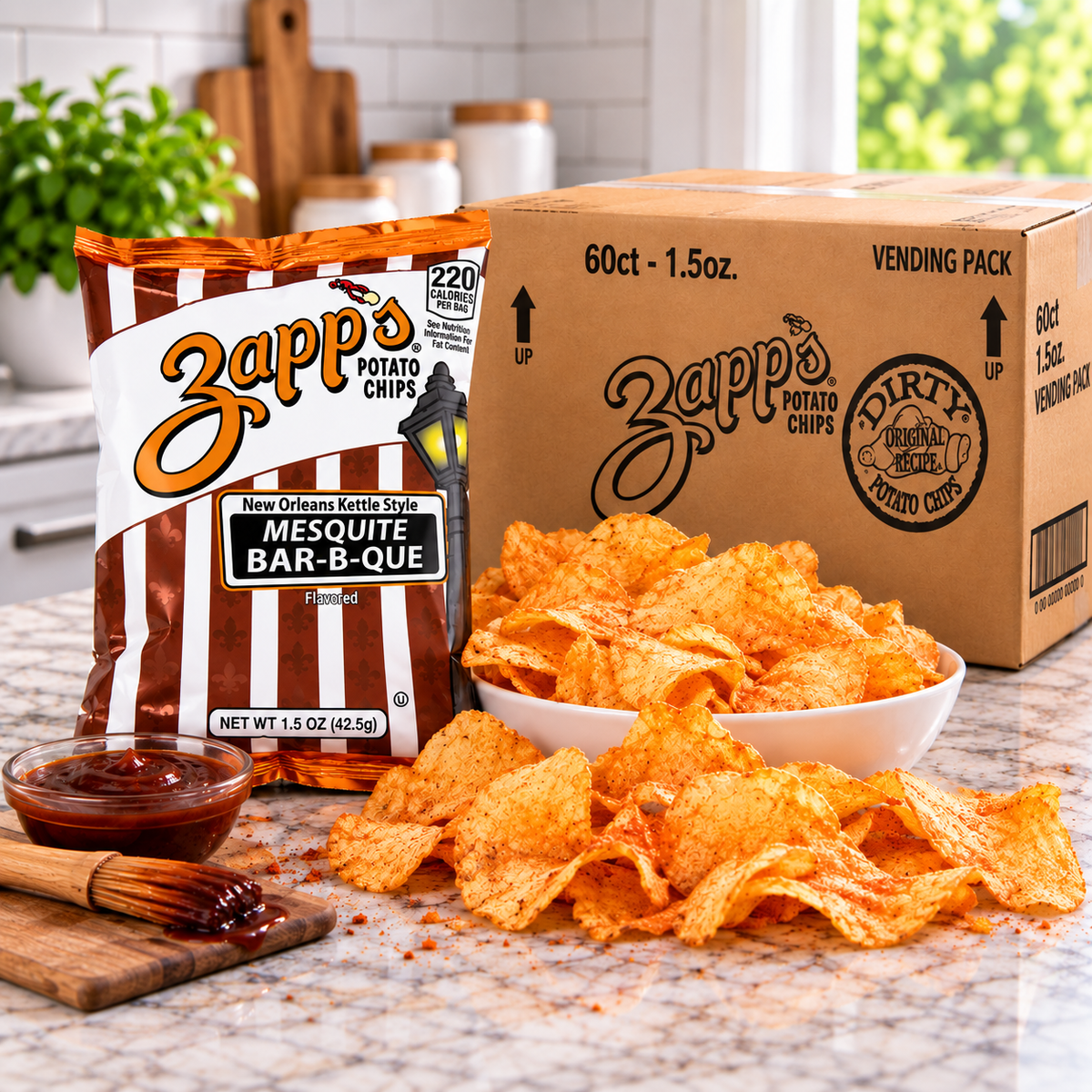 Zapp's New Orleans Kettle Style Mesquite Bar-B-Que Potato Chips – 60 × 1.5 oz Bags 1 case