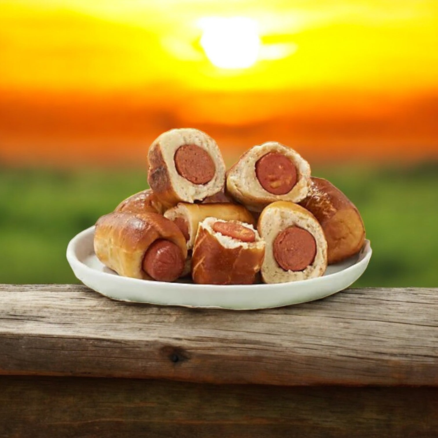 A plate of Molly's Kitchen Pretzel Dogs – 100 Count (Parbaked, 0.6 oz each) rests on a wooden ledge outdoors, with a green field and bright sunset in the background.
