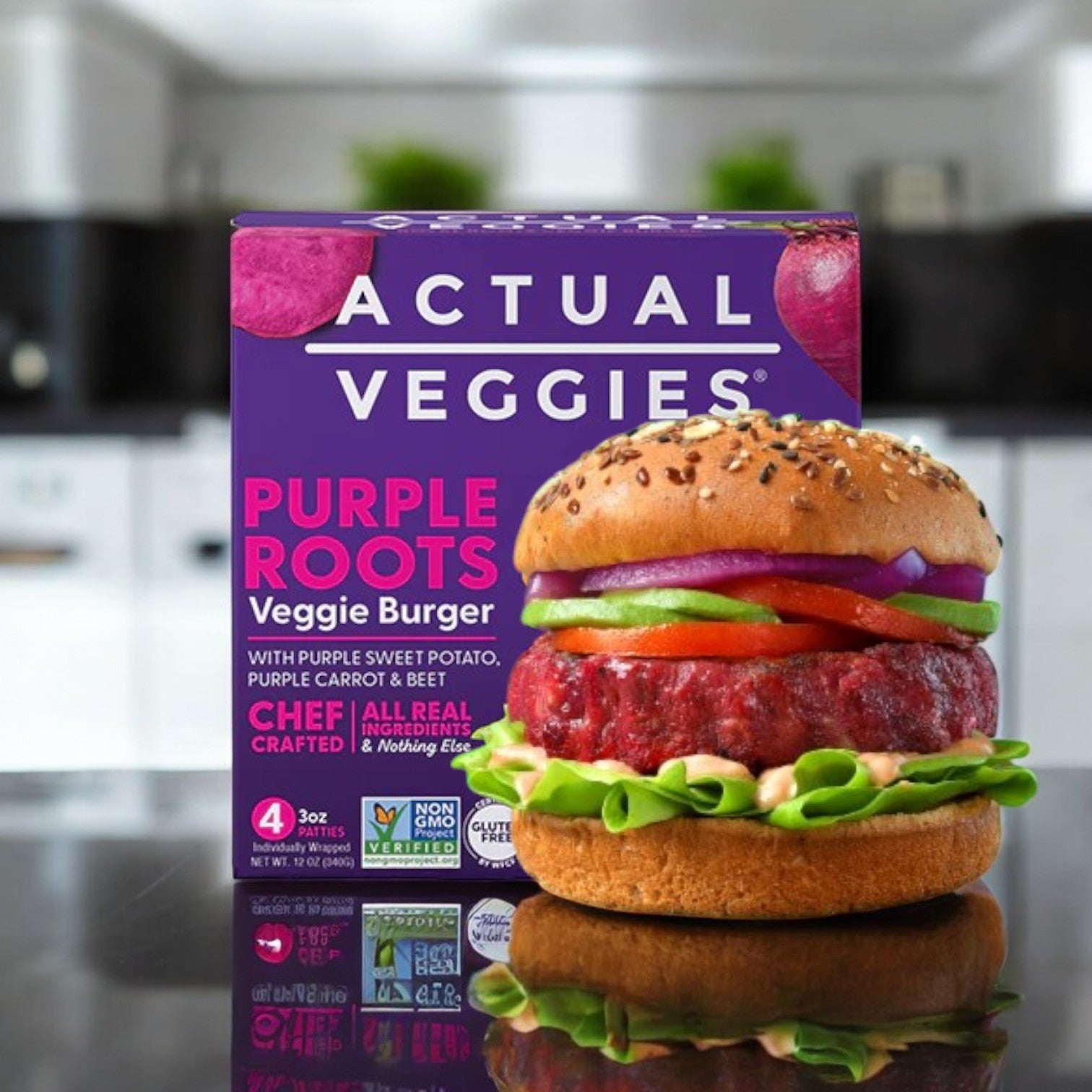 The Actual Veggies 4 Pack Bundle offers a vibrant plant-based lifestyle, featuring veggie burgers with colorful patties and fresh toppings, all snugly placed in sesame seed buns on your countertop.