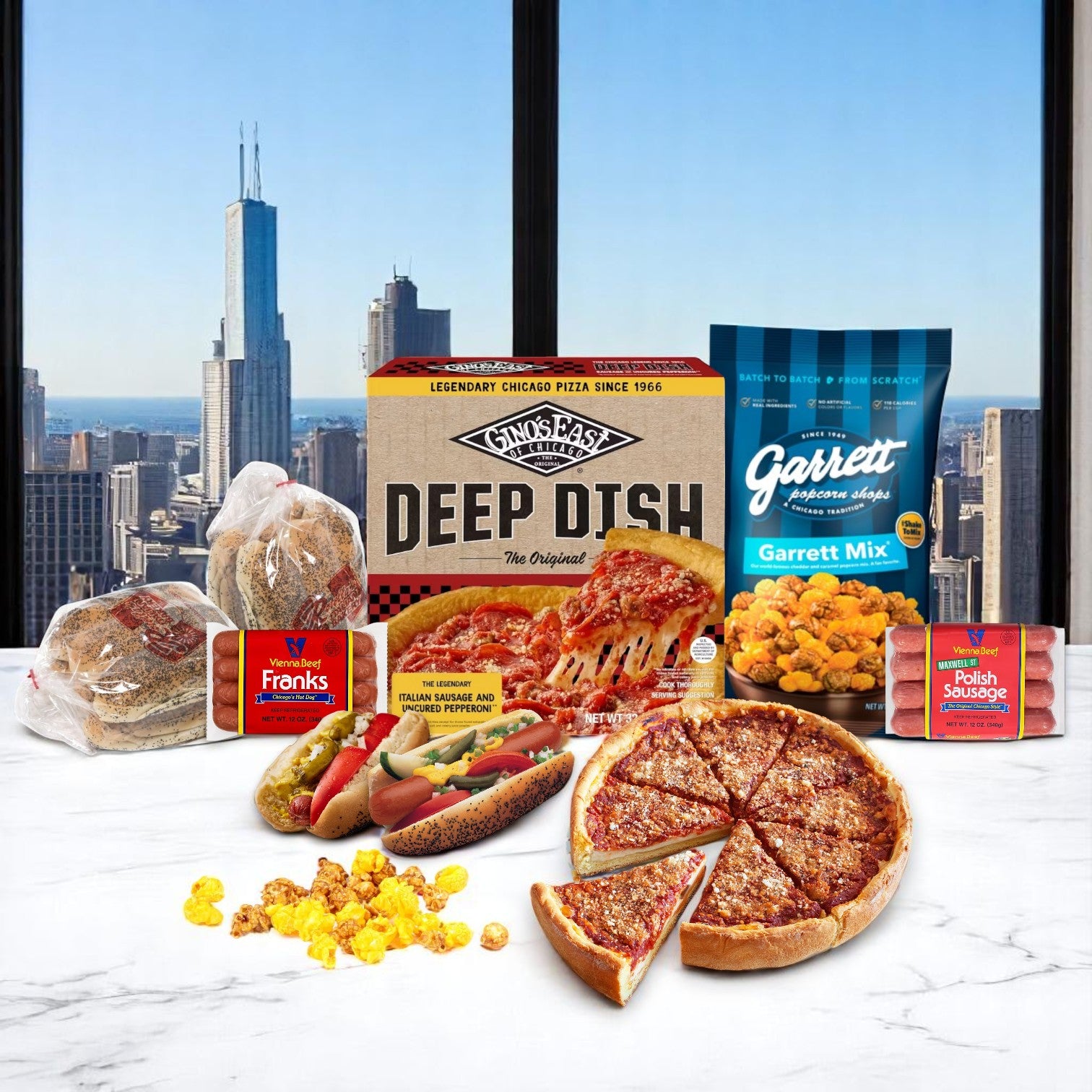 Easy Bundle’s Chicago Style Bundle – A True Taste of the Windy City! features Deep Dish Pizza, Polish sausage, hot dog and poppyseed buns, and Garrett Mix® Popcorn—all set against a city skyline.