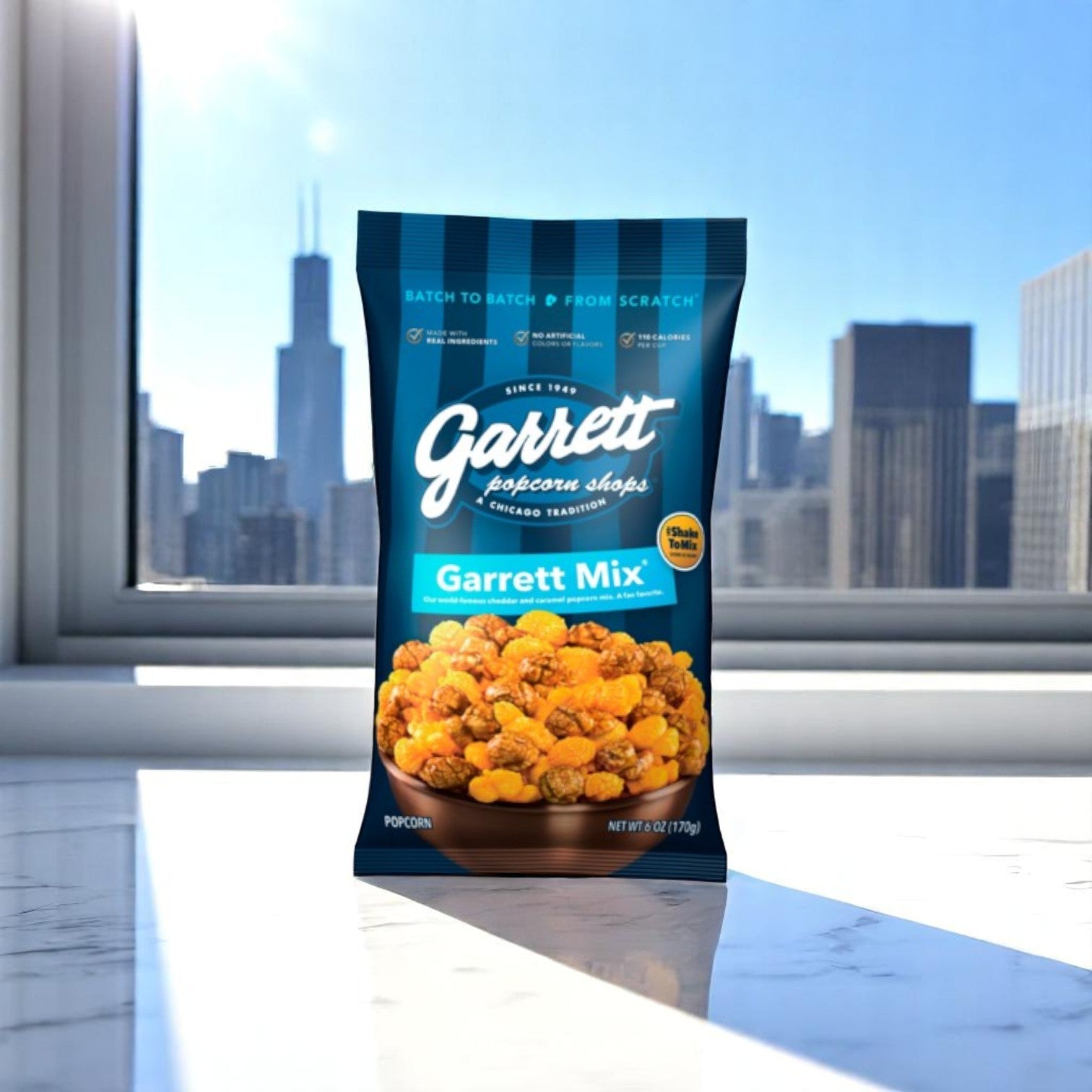 A bag from the Easy Bundle Chicago Style Bundle – A True Taste of the Windy City! rests on a white surface with a city skyline visible through a nearby window.