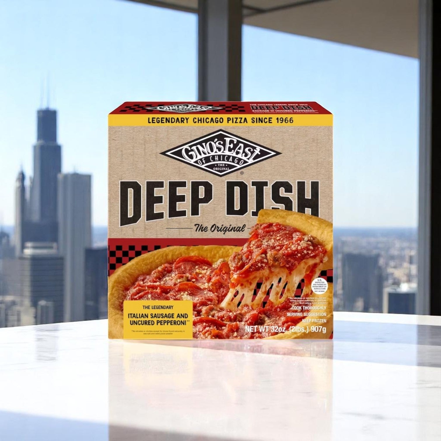 A box of Easy Bundle's Chicago Style Bundle – A True Taste of the Windy City! rests on a marble surface, city skyline gleaming through the window, embodying authentic Chicago flavor.